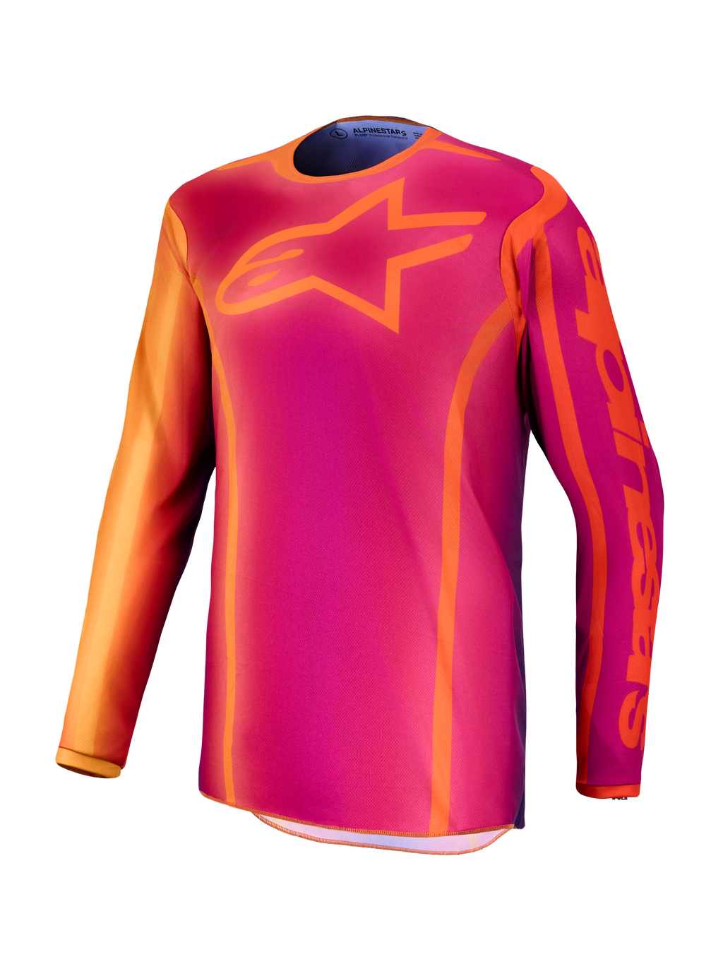 Camisola Fluid Kepler Alpinestars, camisola de motocross para homem, roxa e laranja, em politecido leve.
