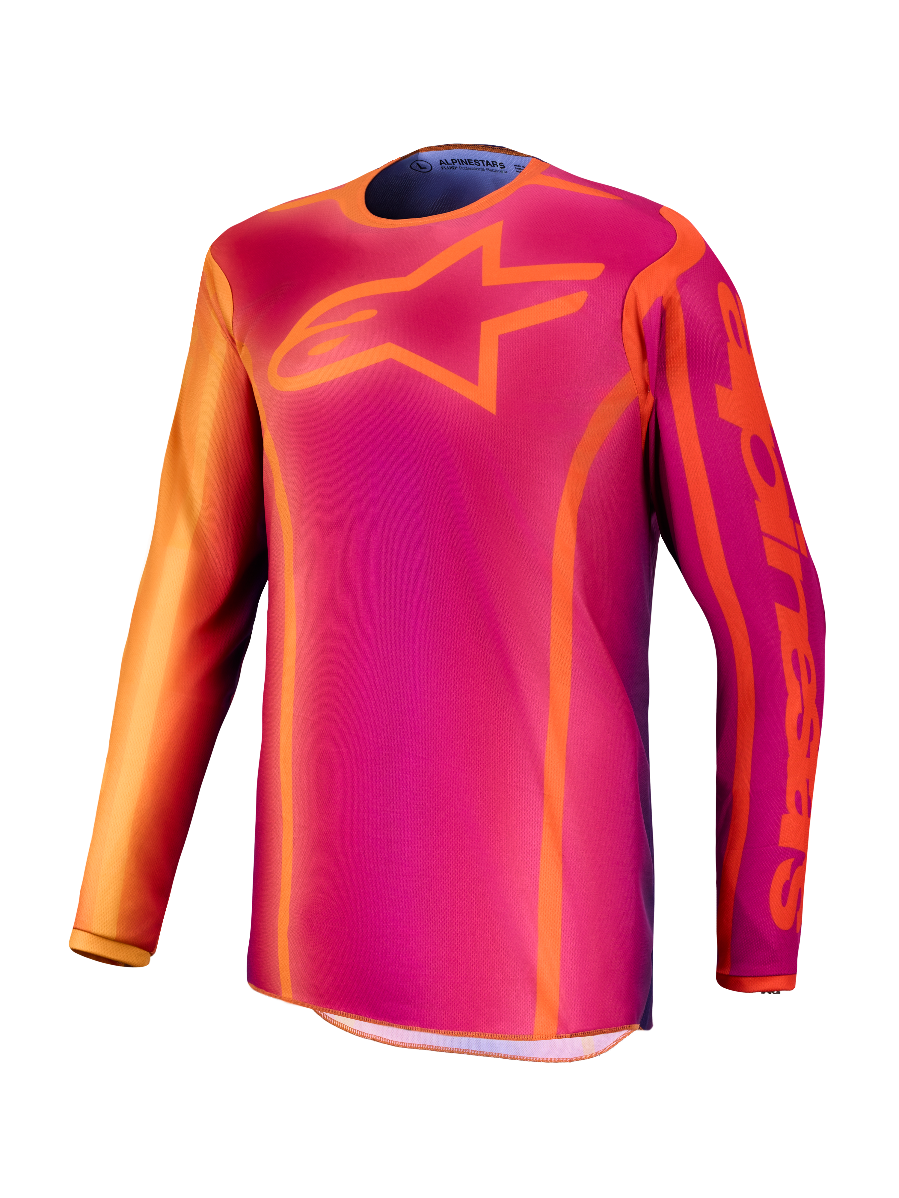 Camisola Fluid Kepler Alpinestars, camisola de motocross para homem, roxa e laranja, em politecido leve.