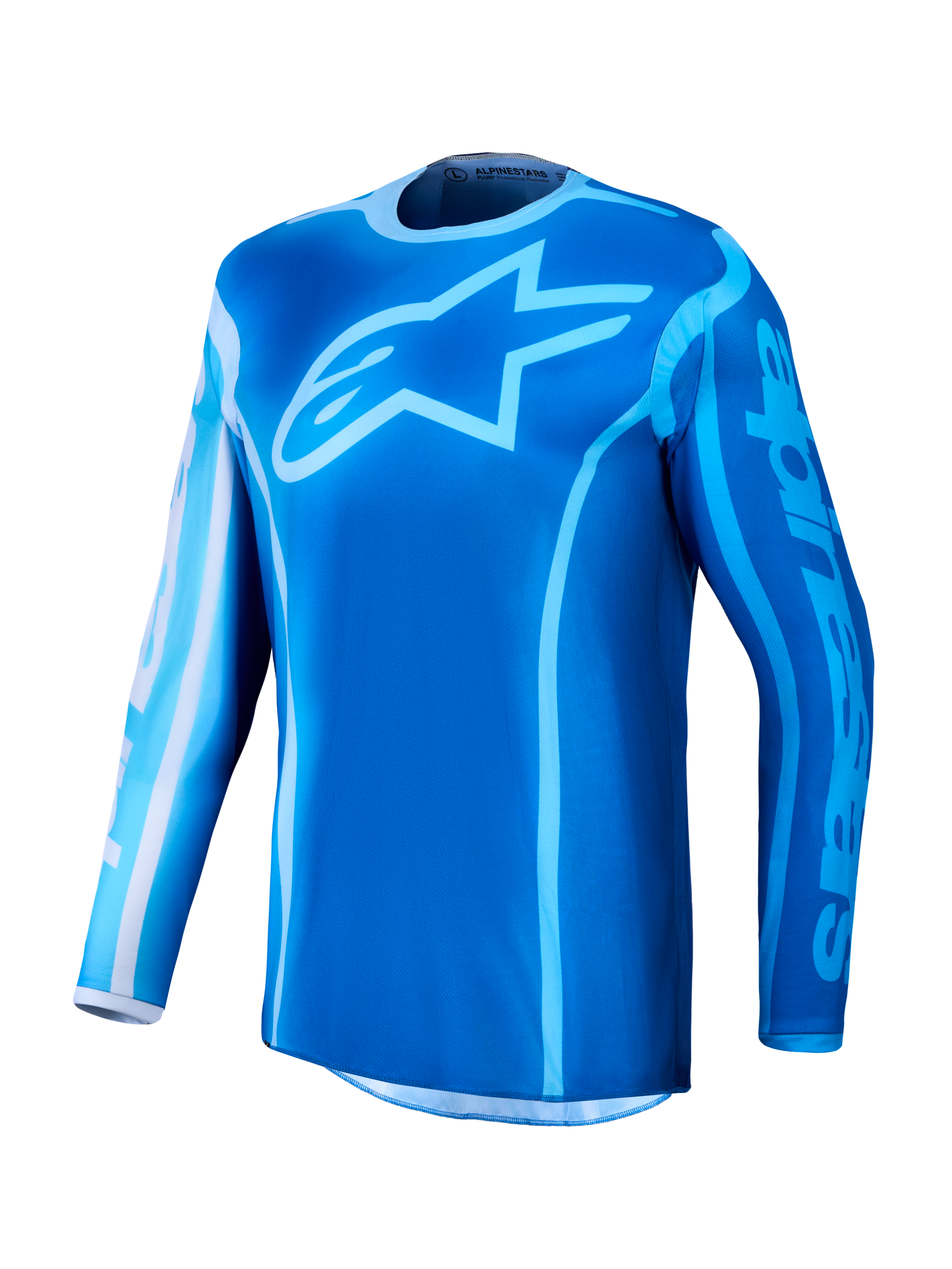 Alpinestars Camisola Fluid Kepler 2027, camisola de motocross em tons de azul, tecido técnico respirável com absorção de humidade e logótipo de estrela no peito