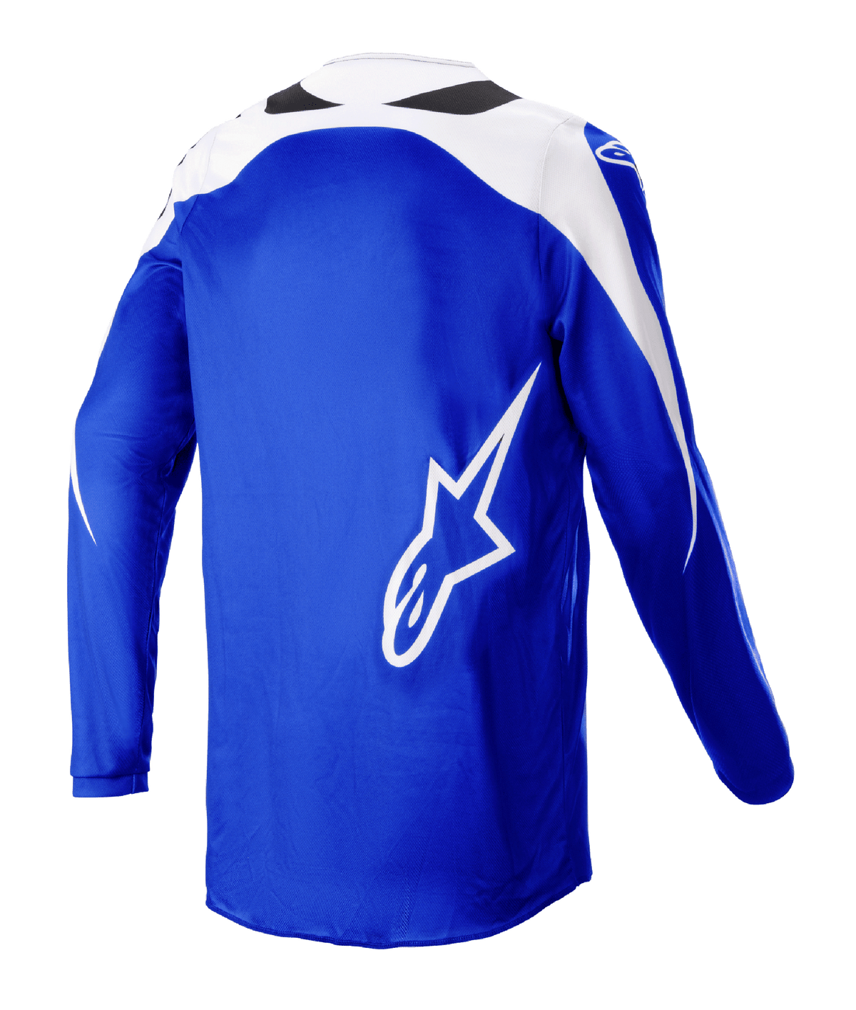 Alpinestars 2023 Fluid Narin Jersey, camisola de motocross, azul e branco, vista traseira com um grande logótipo A-star branco, painéis brancos nos ombros, poli-tecido respirável para performance em todo-o-terreno