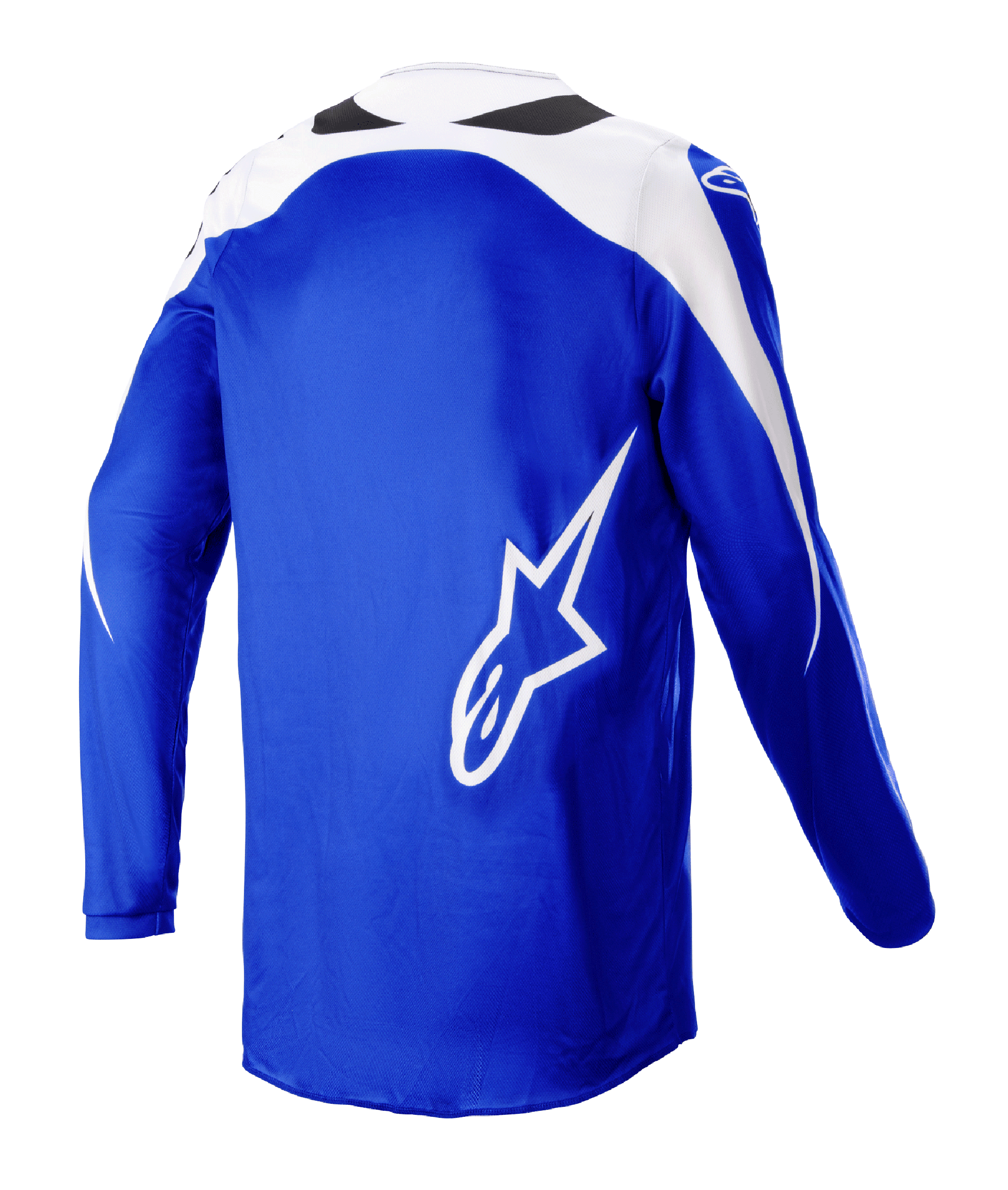 Alpinestars 2023 Fluid Narin Jersey, camisola de motocross, azul e branco, vista traseira com um grande logótipo A-star branco, painéis brancos nos ombros, poli-tecido respirável para performance em todo-o-terreno