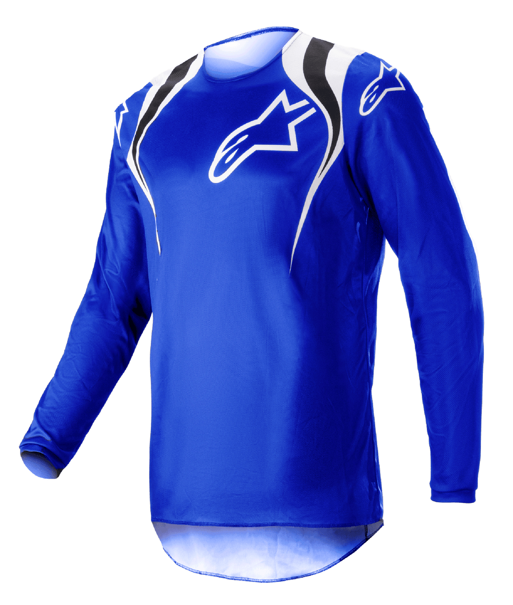 Alpinestars 2023 Fluid Narin Jersey, camisola de motocross, azul e branca, com detalhes pretos e brancos nos ombros e logótipo branco no peito, design leve de manga comprida para corridas todo-o-terreno