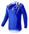 Alpinestars 2023 Fluid Narin Jersey, camisola de motocross, azul e branca, com detalhes pretos e brancos nos ombros e logótipo branco no peito, design leve de manga comprida para corridas todo-o-terreno