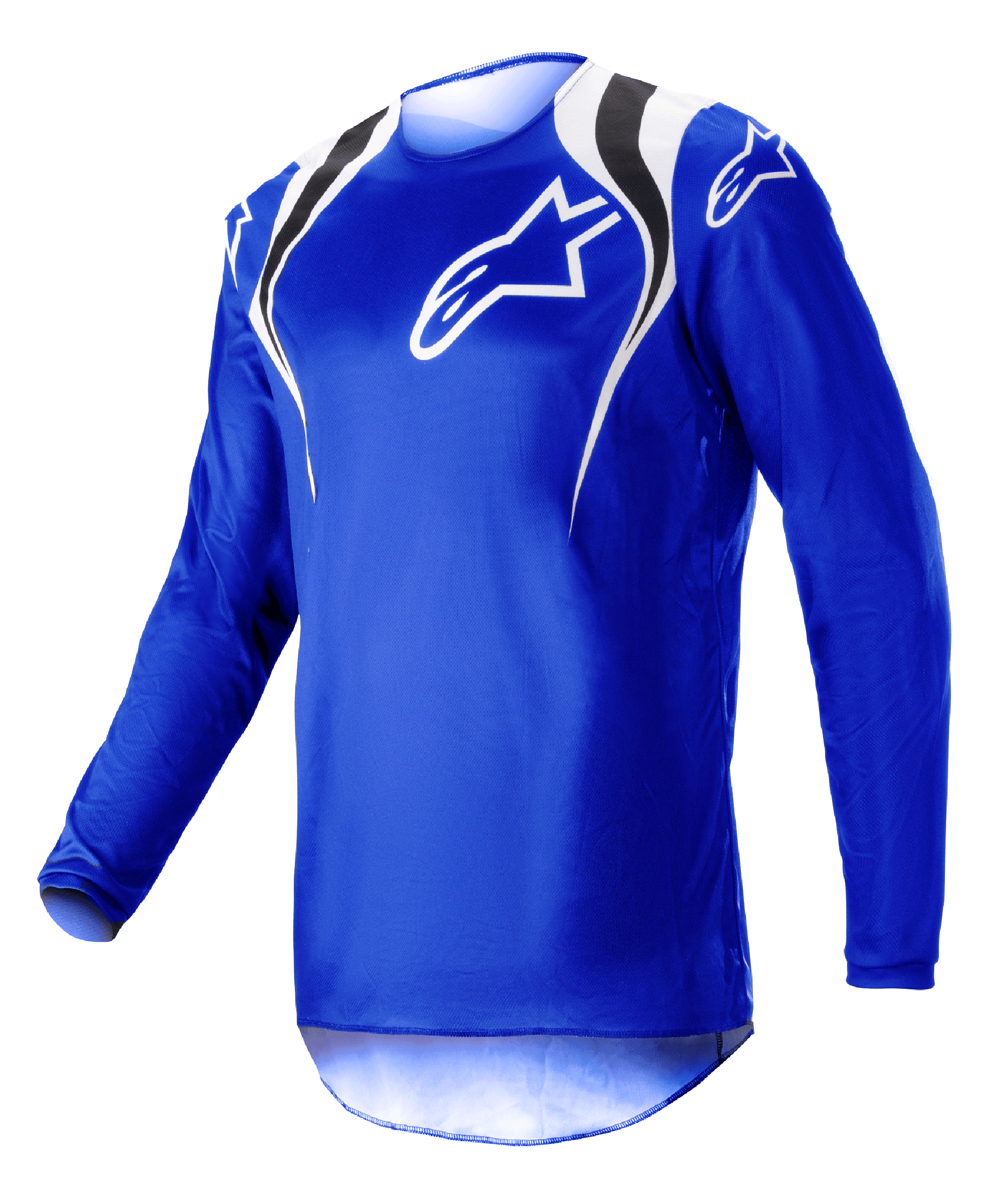 Alpinestars 2023 Fluid Narin Jersey, camisola de motocross, azul e branca, com detalhes pretos e brancos nos ombros e logótipo branco no peito, design leve de manga comprida para corridas todo-o-terreno