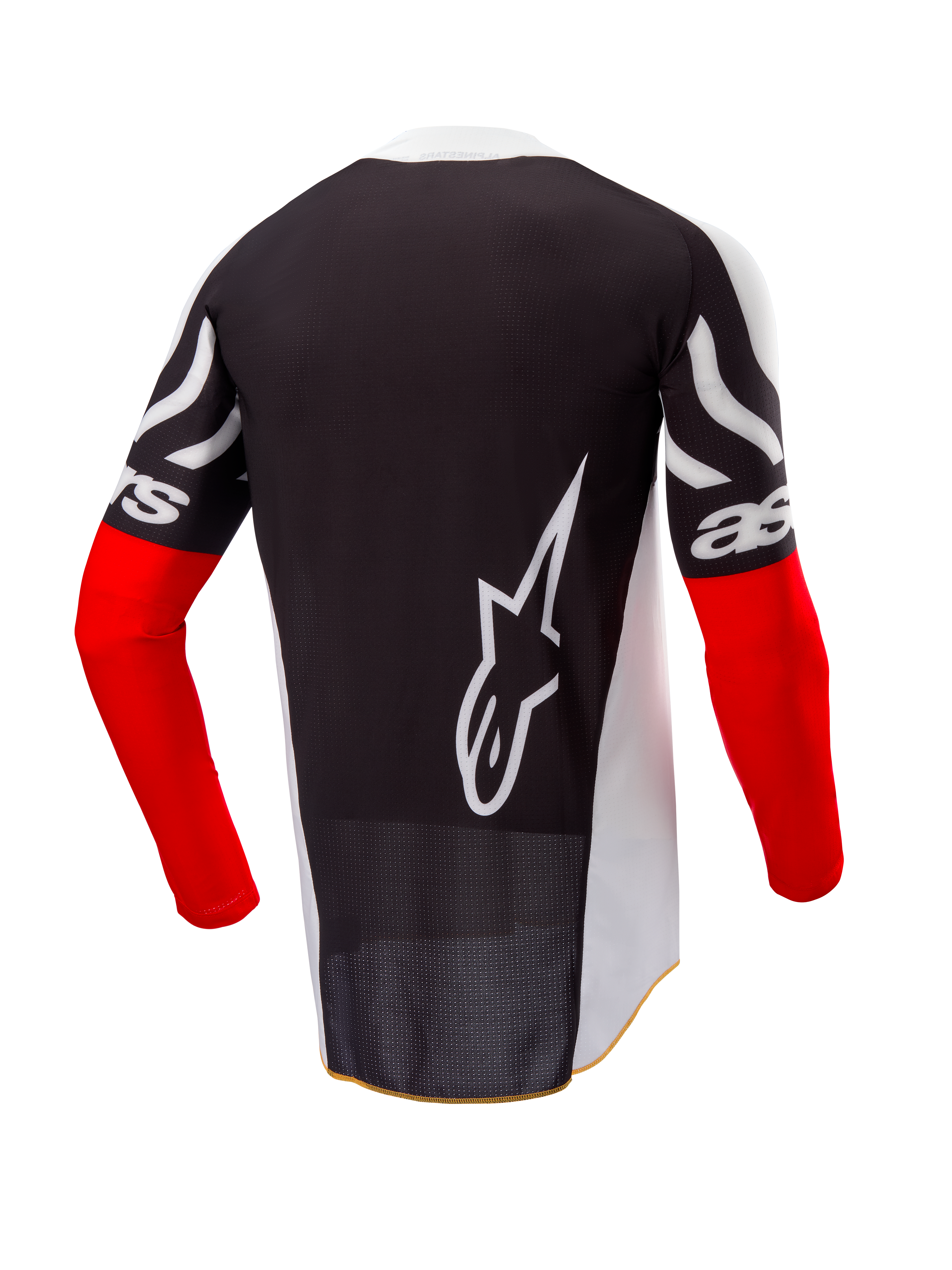 Alpinestars Limited Edition Techstar Deep Jersey, Motocross Jersey, Back View, Black and White with High Red sleeves, large white Alpinestars logo on the back, athletic race fit with perforated poly-fabric