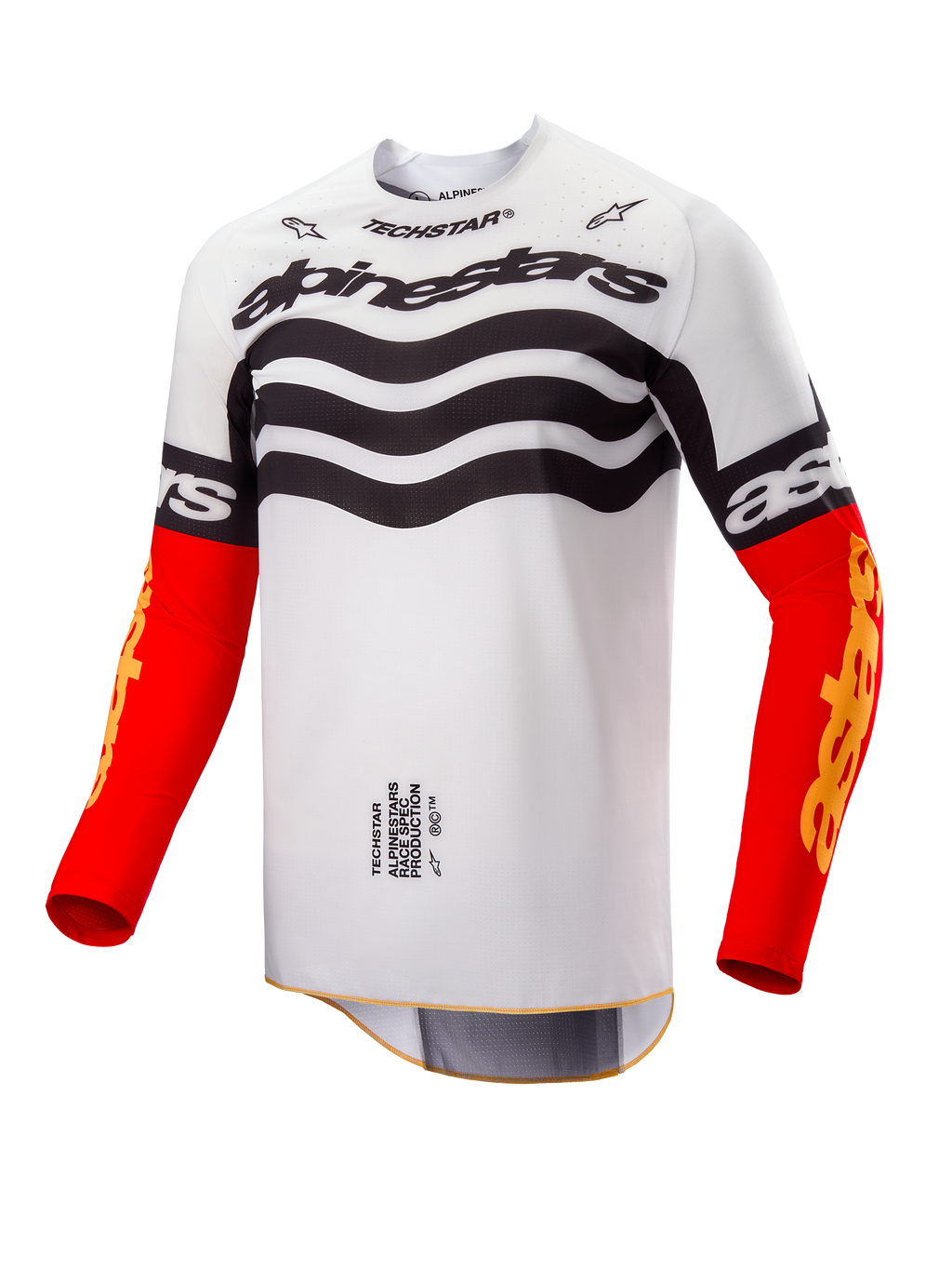 Alpinestars Limited Edition Techstar Deep Jersey, Motocross Jersey, White and Black design with wavy graphics on chest, bright Red sleeves with yellow Astars branding, performance off-road racing apparel.