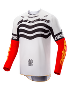 Alpinestars Limited Edition Techstar Deep Jersey, Motocross Jersey, White and Black design with wavy graphics on chest, bright Red sleeves with yellow Astars branding, performance off-road racing apparel.