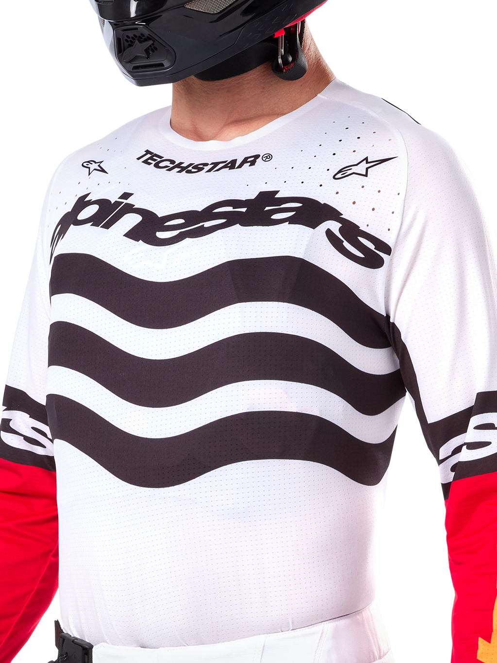 Alpinestars Limited Edition Techstar Deep Jersey, Motocross Jersey, Black White and High Red, athletic race fit with technical stretch panels, bold branding and laser-cut ventilation for off-road performance