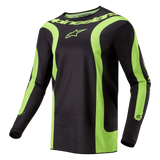 Camisola Alpinestars 2024 Fluid Lurv, camisola de motocross, preta e amarelo fluo, com painéis curvos amarelos fluorescentes, logótipo Alpinestars no peito e nome da marca em redor da gola, corte desportivo para corridas todo-o-terreno