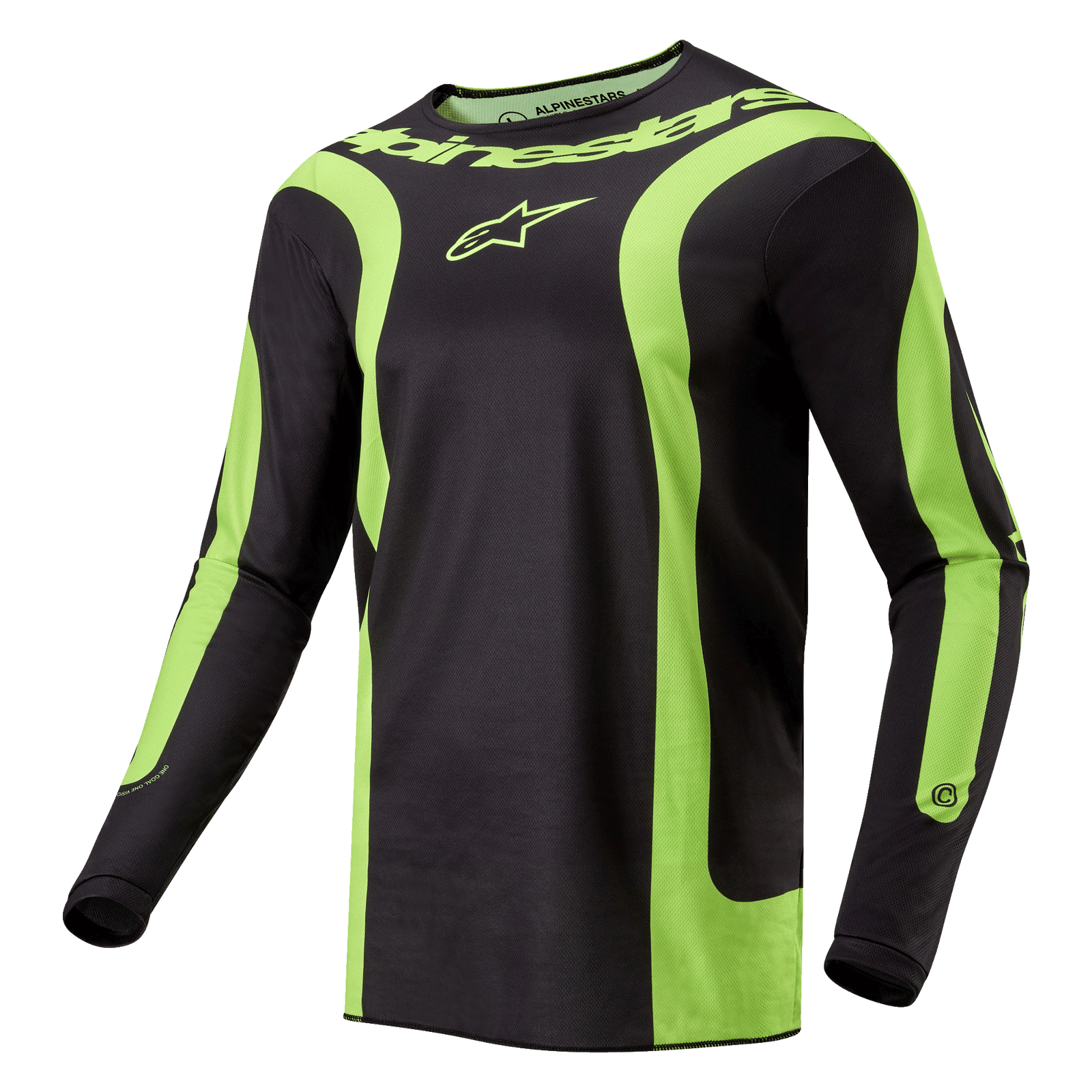 Camisola Alpinestars 2024 Fluid Lurv, camisola de motocross, preta e amarelo fluo, com painéis curvos amarelos fluorescentes, logótipo Alpinestars no peito e nome da marca em redor da gola, corte desportivo para corridas todo-o-terreno