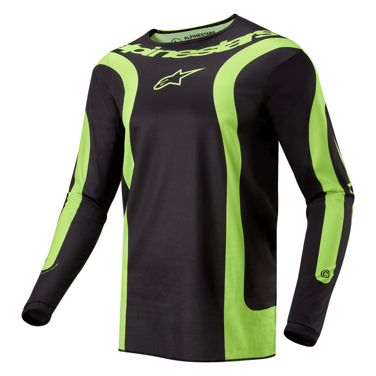 Camisola Alpinestars 2024 Fluid Lurv, camisola de motocross, preta e amarelo fluo, com painéis curvos amarelos fluorescentes, logótipo Alpinestars no peito e nome da marca em redor da gola, corte desportivo para corridas todo-o-terreno