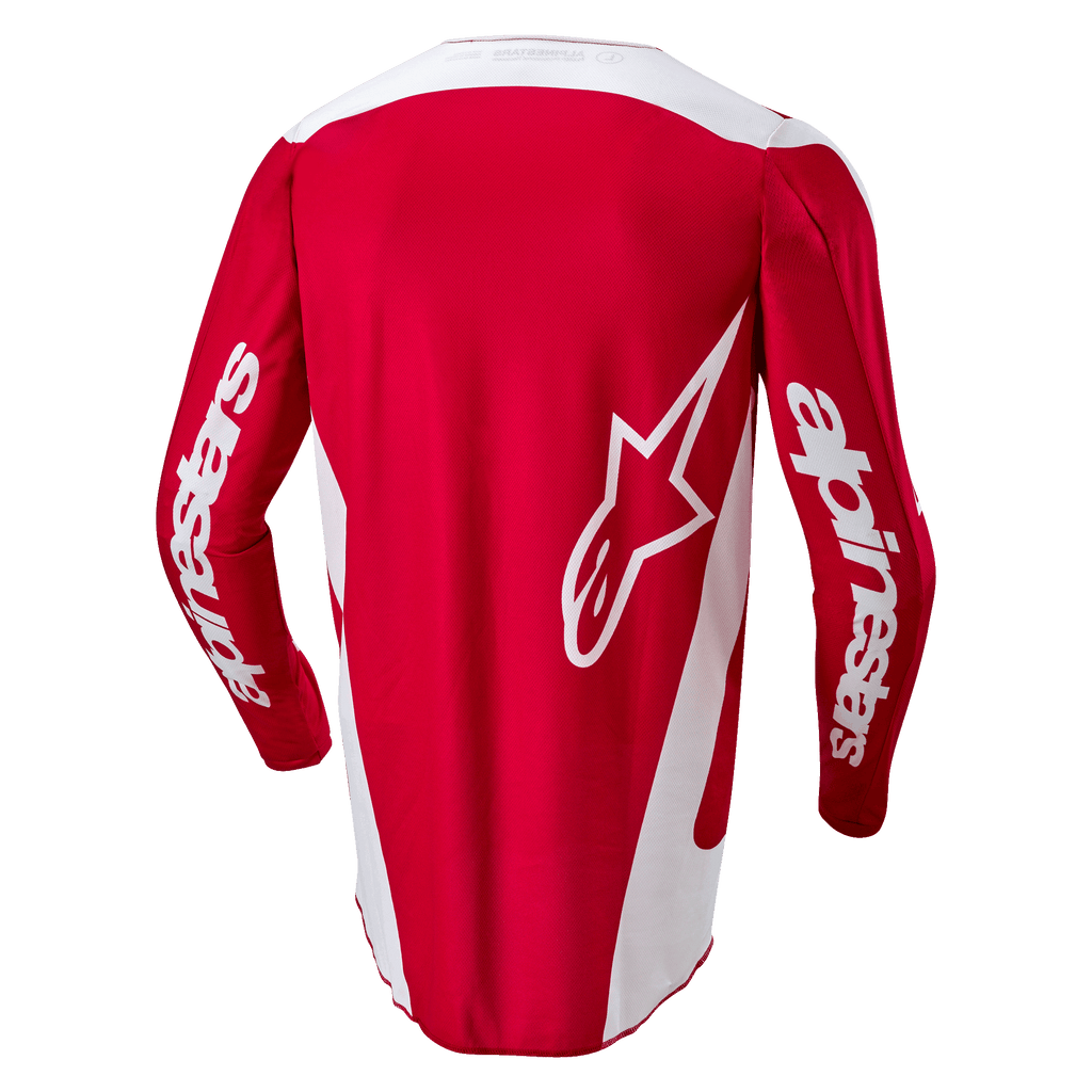 Alpinestars 2024 Fluid Lurv Jersey, camisola de motocross, vermelho Mars e branco, vista traseira com um grande logótipo de estrela branco nas costas, painéis laterais brancos e logótipos nas mangas