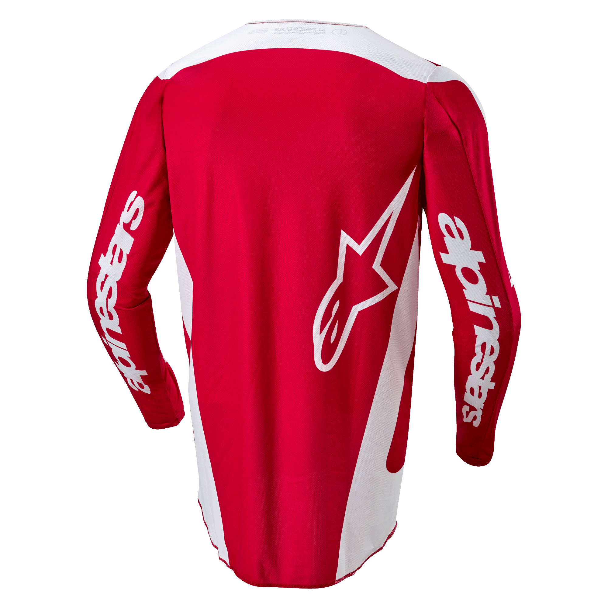 Alpinestars 2024 Fluid Lurv Jersey, camisola de motocross, vermelho Mars e branco, vista traseira com um grande logótipo de estrela branco nas costas, painéis laterais brancos e logótipos nas mangas