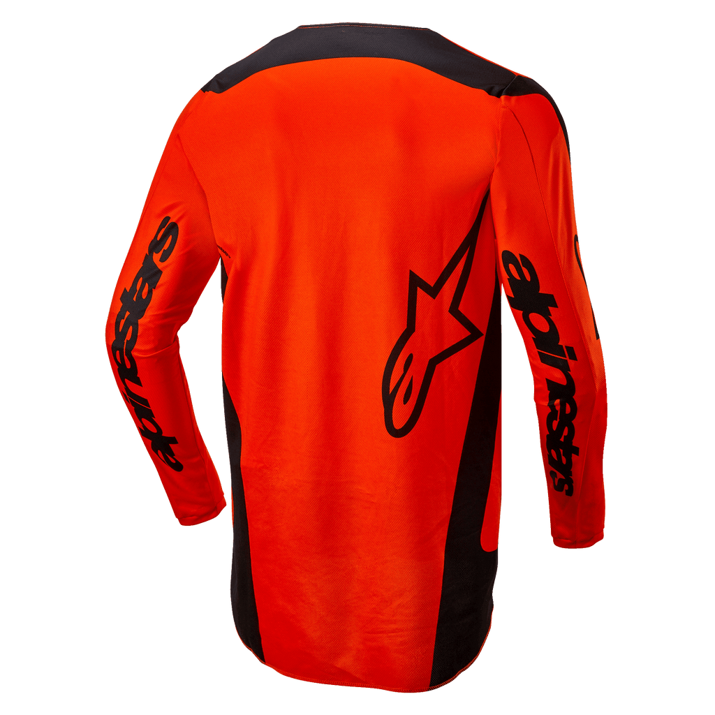 Alpinestars 2024 Fluid Lurv Jersey, camisola de motocross, laranja e preto, vista traseira com logótipo de estrela preto de grandes dimensões e marca Alpinestars nas mangas, design de cauda longa para maior cobertura, poli-tecido leve para competições todo-o-terreno