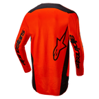 Alpinestars 2024 Fluid Lurv Jersey, camisola de motocross, laranja e preto, vista traseira com logótipo de estrela preto de grandes dimensões e marca Alpinestars nas mangas, design de cauda longa para maior cobertura, poli-tecido leve para competições todo-o-terreno