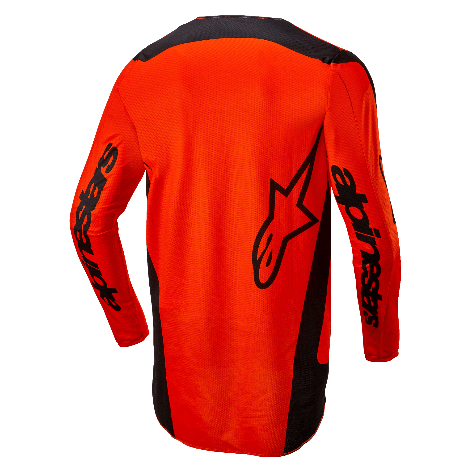 Alpinestars 2024 Fluid Lurv Jersey, camisola de motocross, laranja e preto, vista traseira com logótipo de estrela preto de grandes dimensões e marca Alpinestars nas mangas, design de cauda longa para maior cobertura, poli-tecido leve para competições todo-o-terreno