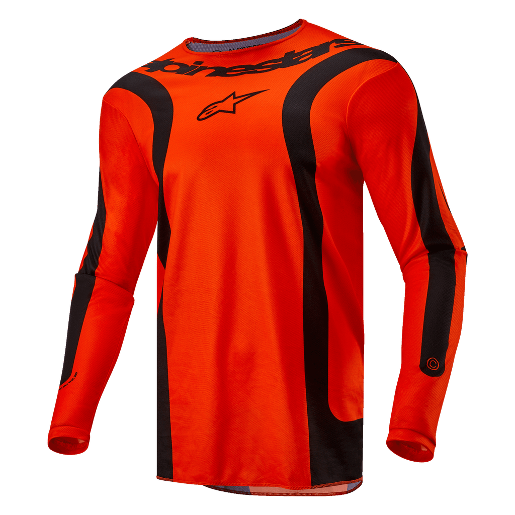 Alpinestars 2024 Fluid Lurv Jersey, camisola de motocross, laranja vibrante e preto, mangas compridas com painéis curvos pretos, logótipo Alpinestars preto no peito e marca na gola, corte desportivo atlético para competição todo-o-terreno