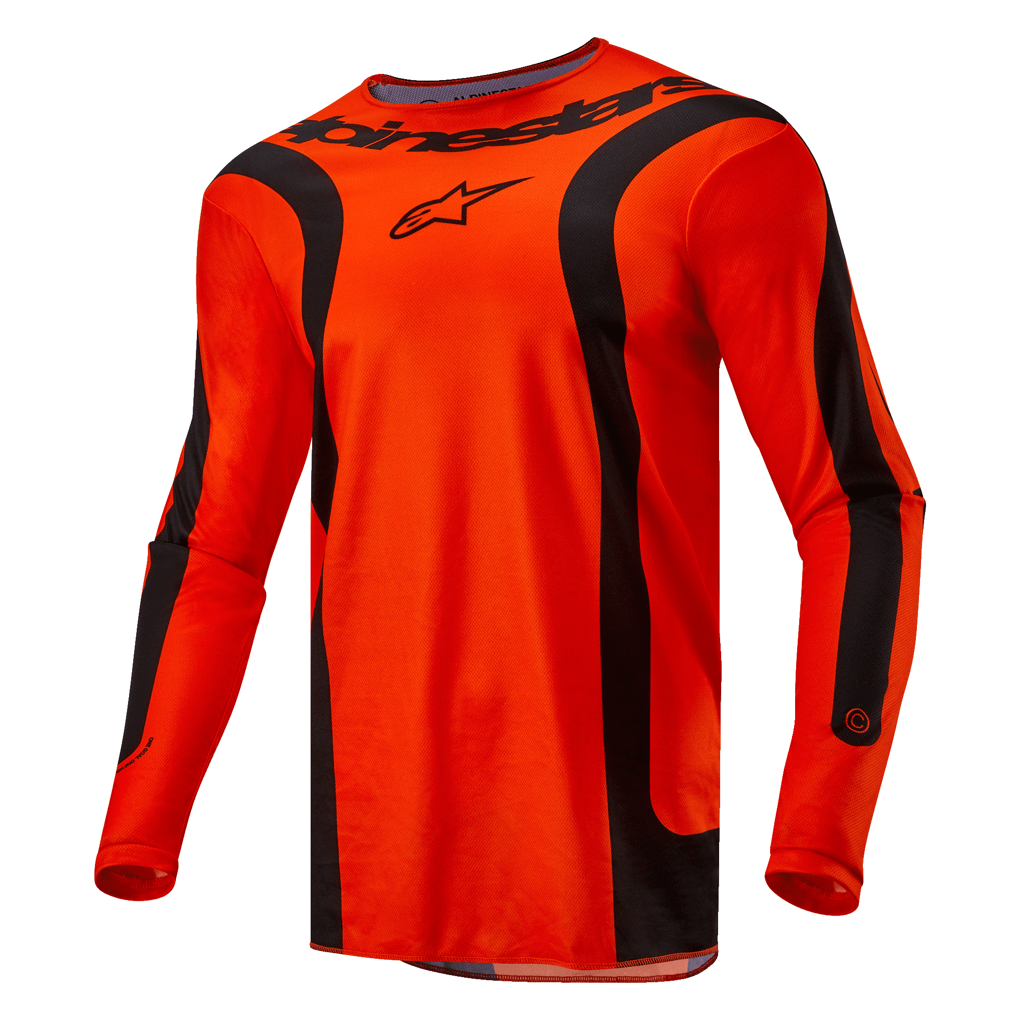 Alpinestars 2024 Fluid Lurv Jersey, camisola de motocross, laranja vibrante e preto, mangas compridas com painéis curvos pretos, logótipo Alpinestars preto no peito e marca na gola, corte desportivo atlético para competição todo-o-terreno