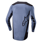 Alpinestars 2024 Fluid Lurv Jersey, camisola de motocross, azul claro e preto, vista traseira com a marca Alpinestars nas mangas e logótipo de estrela nas costas, bainha traseira alongada, tecido respirável de performance para corridas todo-o-terreno