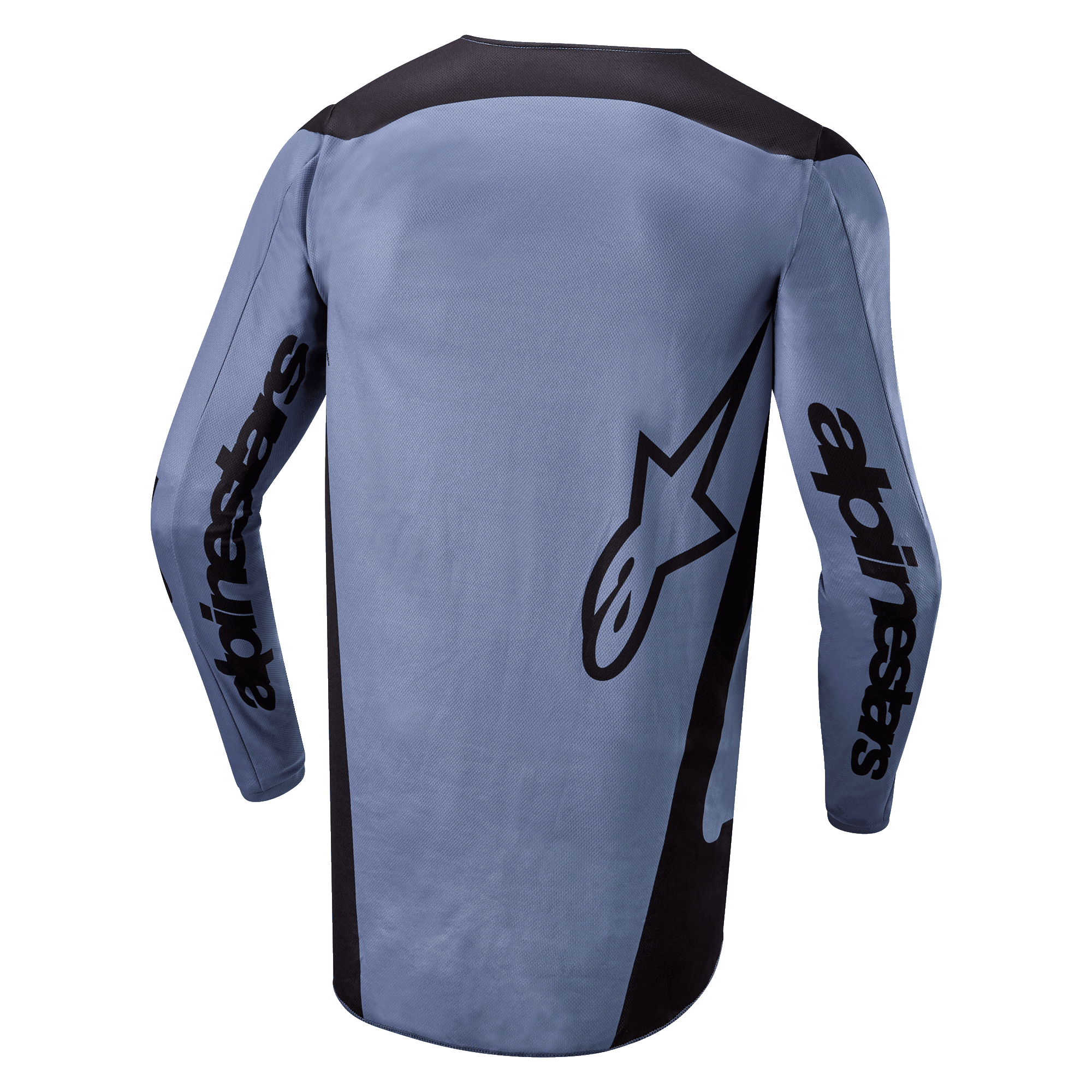 Alpinestars 2024 Fluid Lurv Jersey, camisola de motocross, azul claro e preto, vista traseira com a marca Alpinestars nas mangas e logótipo de estrela nas costas, bainha traseira alongada, tecido respirável de performance para corridas todo-o-terreno
