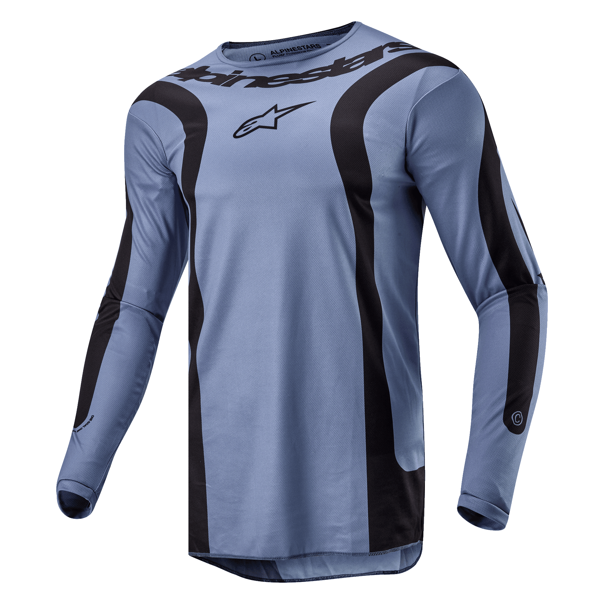 Alpinestars 2024 Fluid Lurv Jersey, camisola de motocross, azul claro e preto, com grafismos pretos curvos na frente e nas mangas, logótipo central da Alpinestars no peito, e construção em poli-tecido de performance com gola desportiva