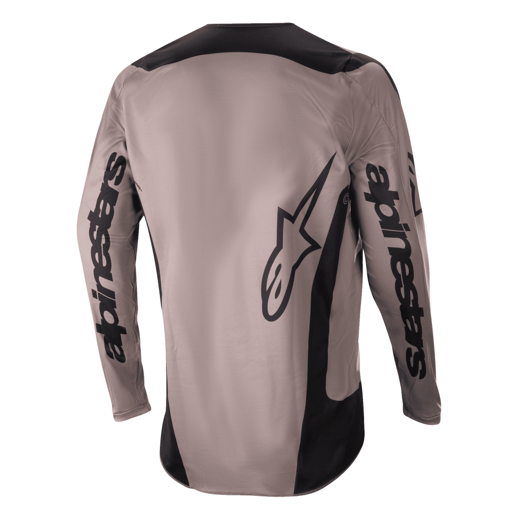 Alpinestars 2024 Fluid Lurv Jersey, Motocross Jersey, Mud Black, back view showing large Alpinestars branding on the sleeves and lower back, black panels on shoulders and sides, performance off-road riding gear