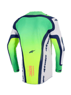 Alpinestars 2026 Supertech Vista Jersey, camisola de motocross, verde néon, branco e azul marinho, vista traseira mostrando a parte traseira alongada, perfurações cortadas a laser nas laterais, gráfico de texto cor-de-rosa na parte inferior das costas, equipamento de corrida profissional leve