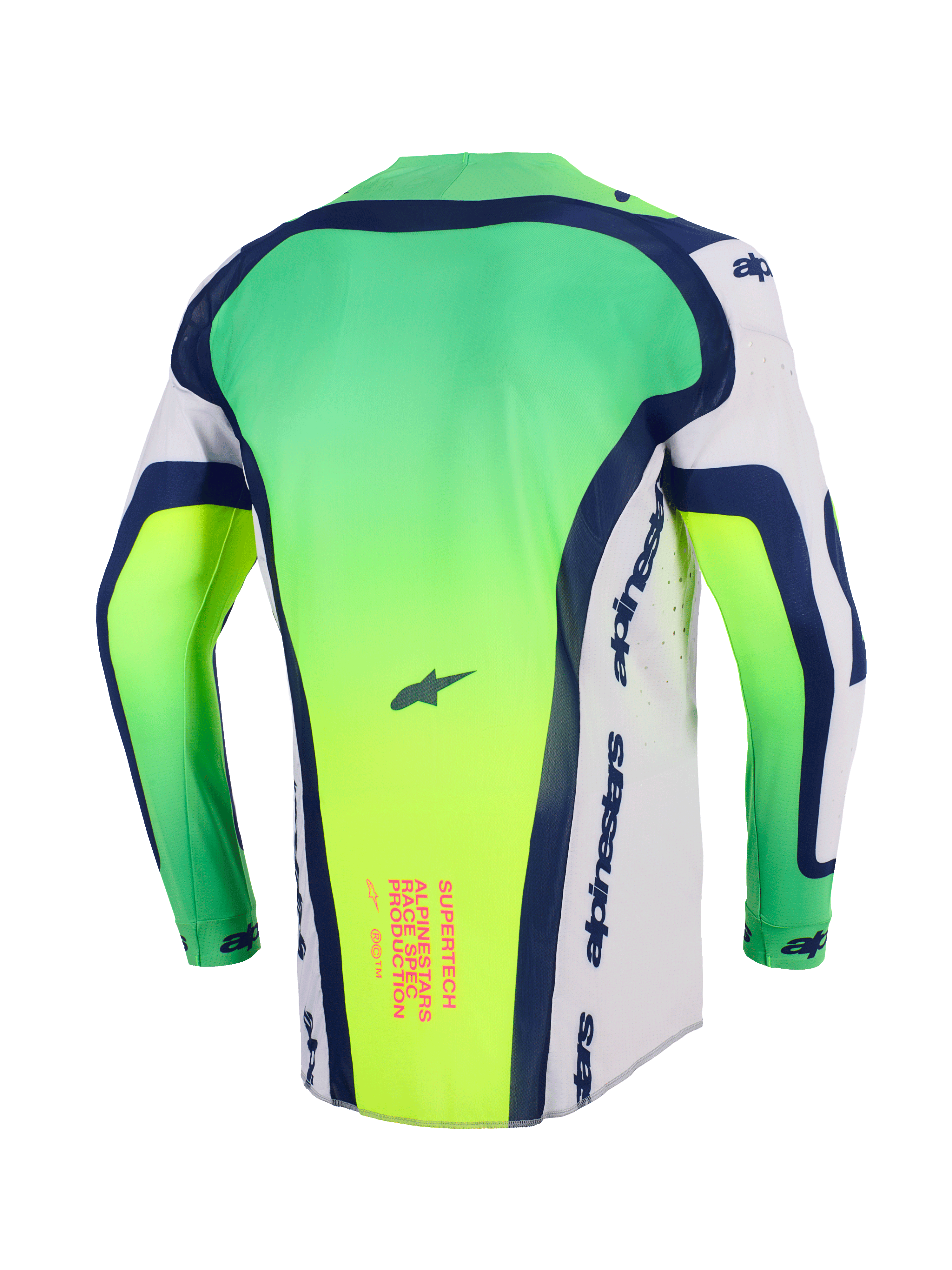 Alpinestars 2026 Supertech Vista Jersey, camisola de motocross, verde néon, branco e azul marinho, vista traseira mostrando a parte traseira alongada, perfurações cortadas a laser nas laterais, gráfico de texto cor-de-rosa na parte inferior das costas, equipamento de corrida profissional leve