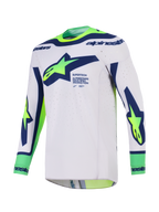 Alpinestars 2026 Supertech Vista Jersey, camisola de motocross, cinzento claro com azul e amarelo fluorescente, com grande logótipo Alpinestars no peito, orifícios de ventilação cortados a laser e construção sem costuras para corridas de todo-o-terreno