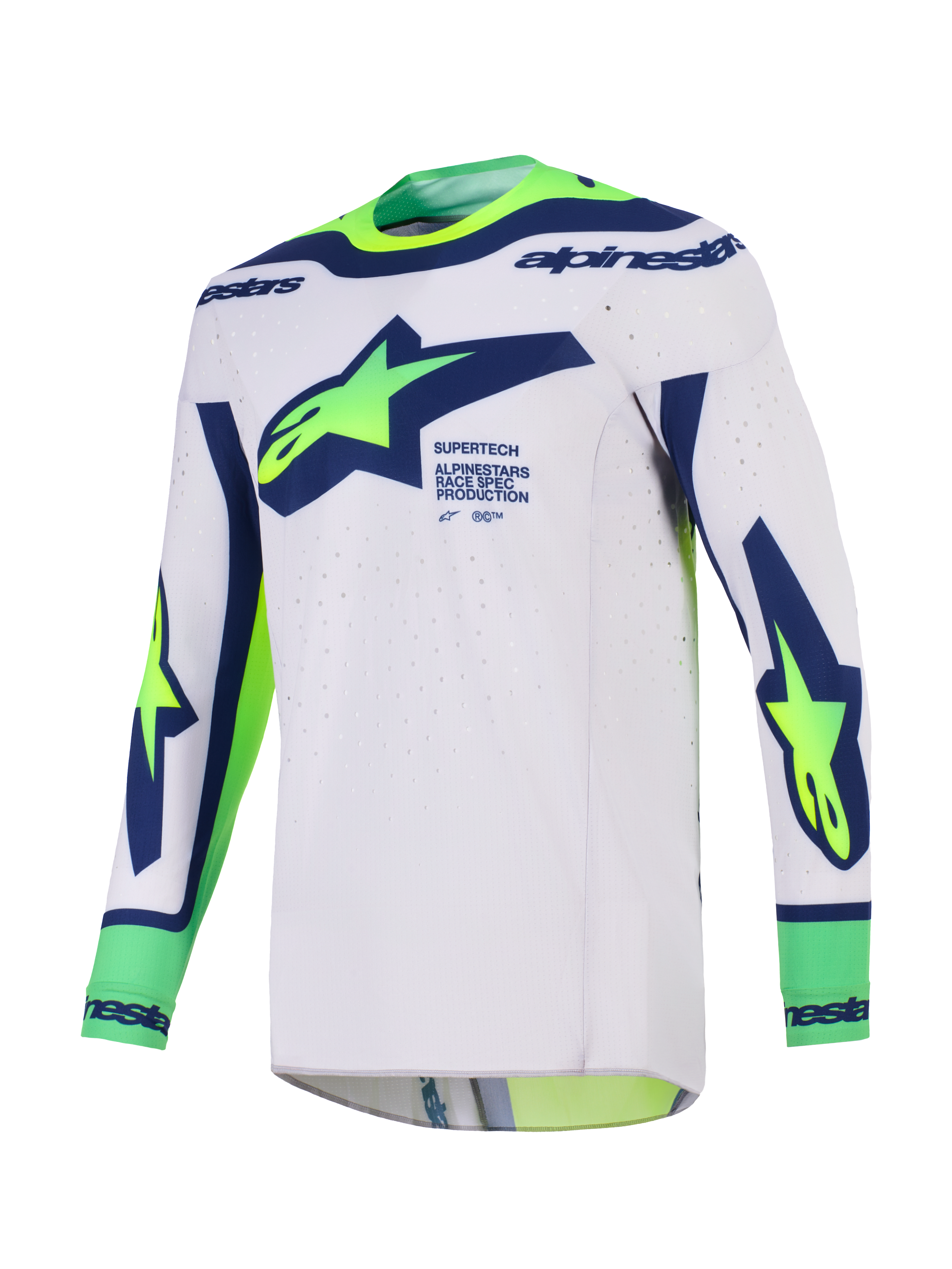 Alpinestars 2026 Supertech Vista Jersey, camisola de motocross, cinzento claro com azul e amarelo fluorescente, com grande logótipo Alpinestars no peito, orifícios de ventilação cortados a laser e construção sem costuras para corridas de todo-o-terreno