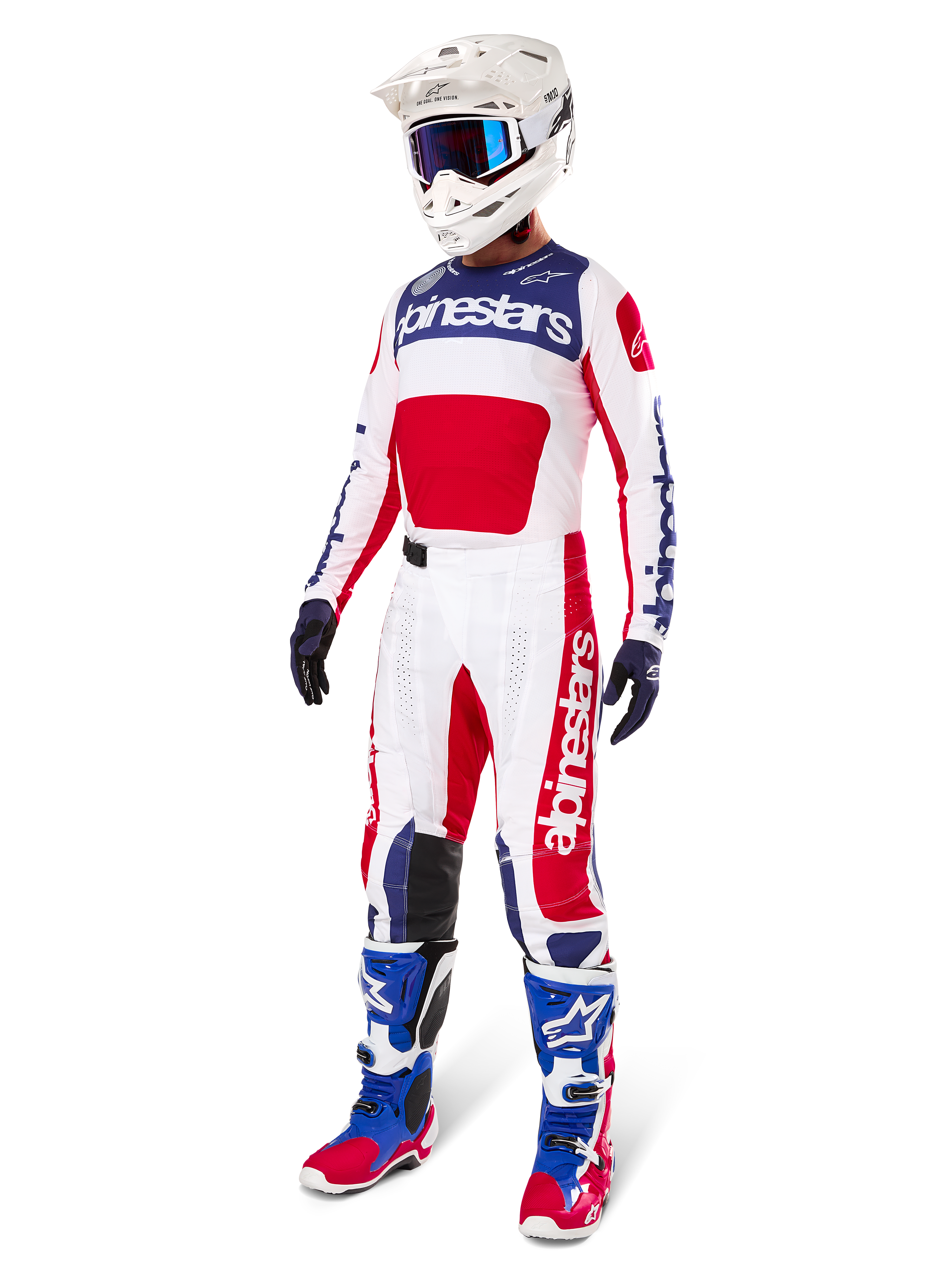 Alpinestars Limited Edition Techstar Fortitude Gear Set, Motocross Outfit, Red White and Blue, featuring a white jersey with bold graphics, matching race pants, white helmet with goggles, and coordinated blue and red boots, professional racing gear for off-road performance