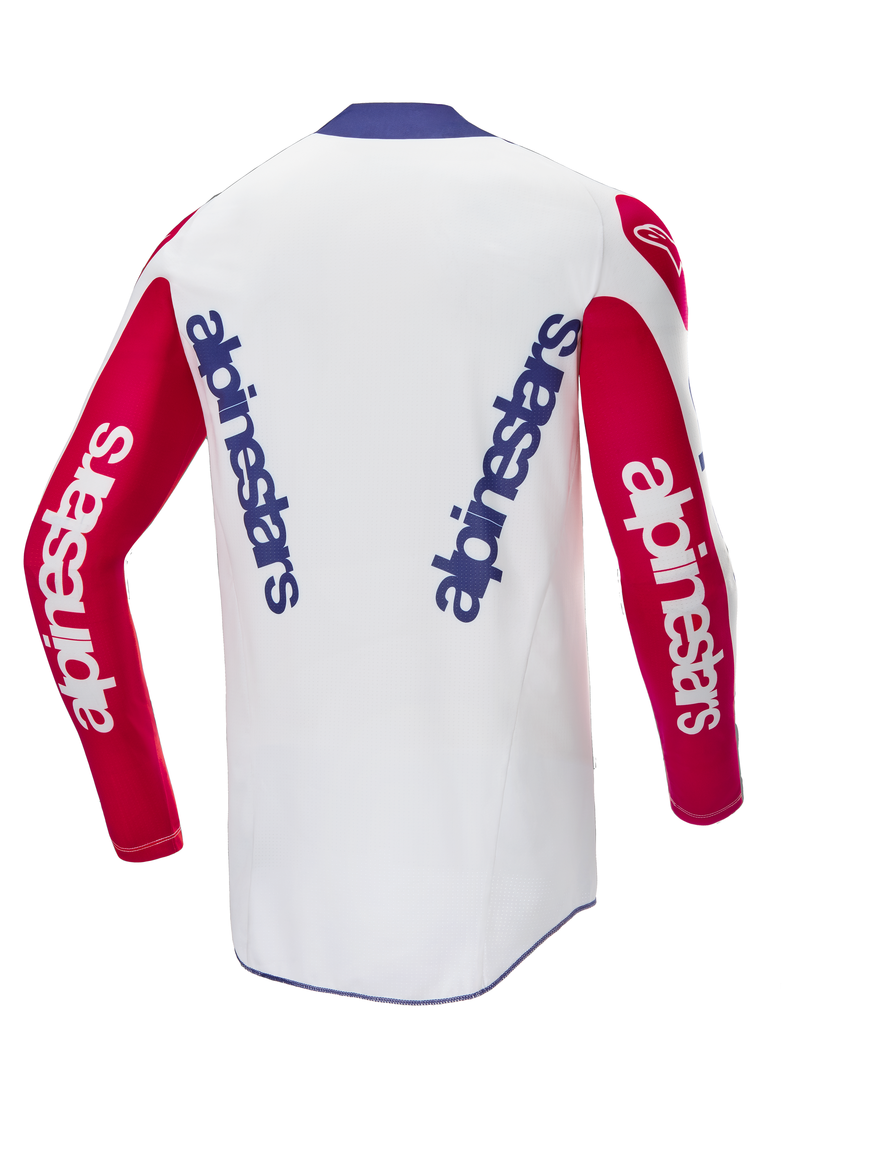 Alpinestars Limited Edition Techstar Fortitude Jersey, back view, motocross jersey, white body with red sleeves and blue collar, featuring blue and white Alpinestars branding, high-performance racing gear