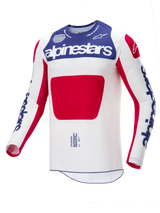 Alpinestars Limited Edition Techstar Fortitude Jersey, Motocross Jersey, Red White and Blue, featuring a white body with a large red center panel, blue chest section with white Alpinestars branding, and blue logos on sleeves, designed for off-road racing performance