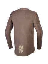 Camisola Supertech Air Gold Edição Limitada Alpinestars, camisola de motocross para homem, castanha e dourada, com aberturas cortadas a laser e gráfico traseiro, vista de costas.