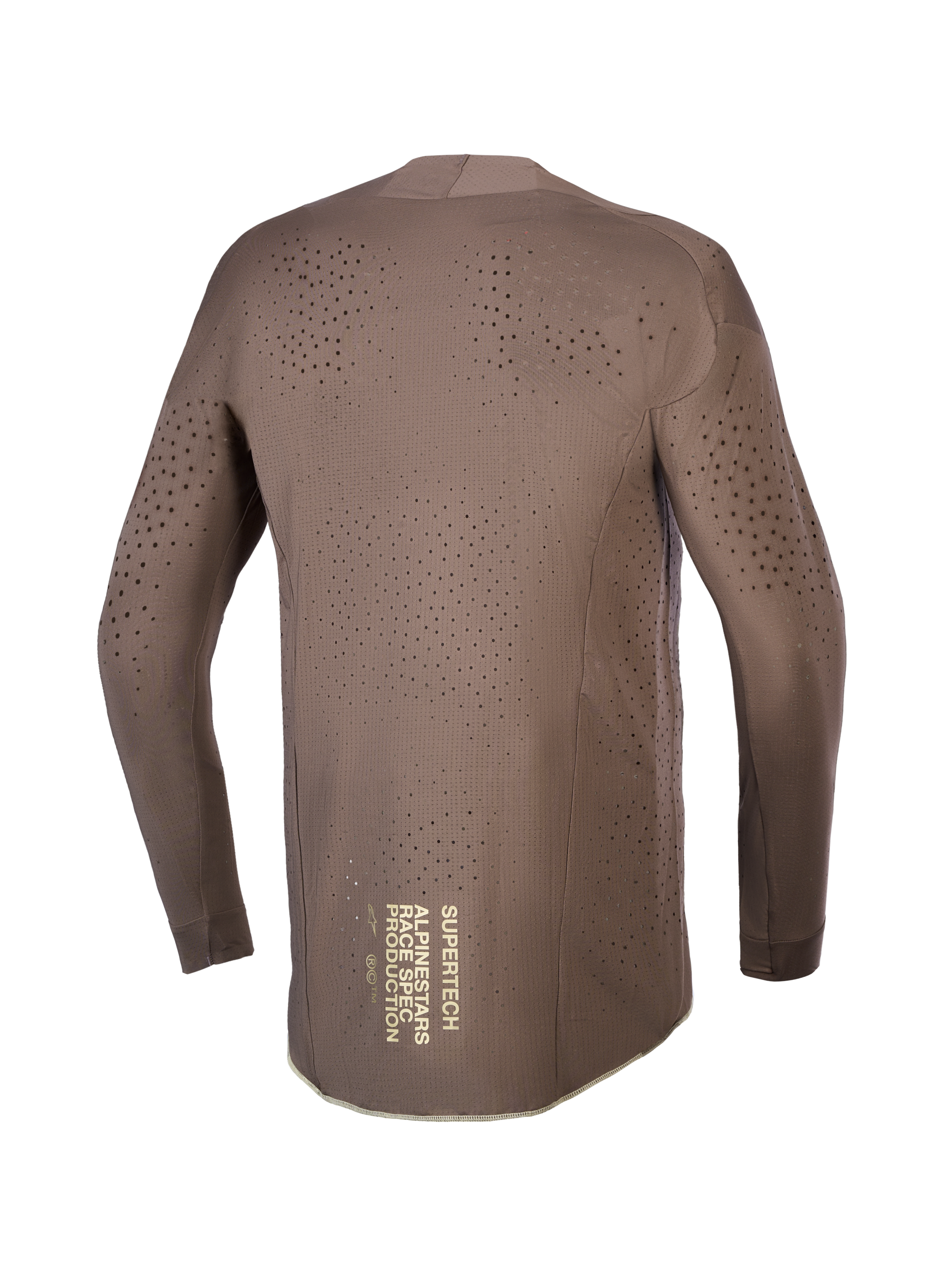 Camisola Supertech Air Gold Edição Limitada Alpinestars, camisola de motocross para homem, castanha e dourada, com aberturas cortadas a laser e gráfico traseiro, vista de costas.