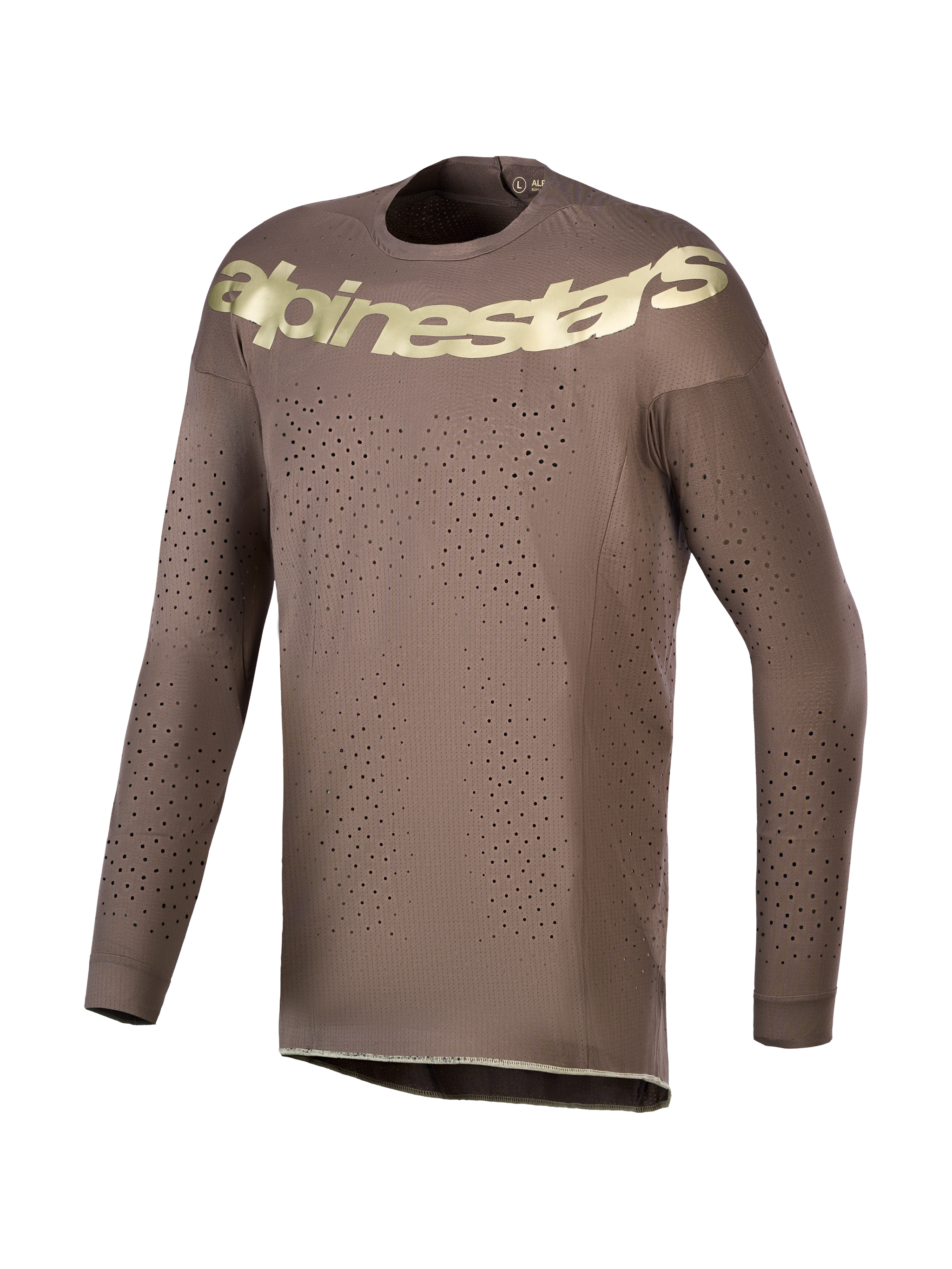 Alpinestars Camisola Supertech Air Gold Edição Limitada, camisola de motocross castanha e dourada com aberturas a laser.