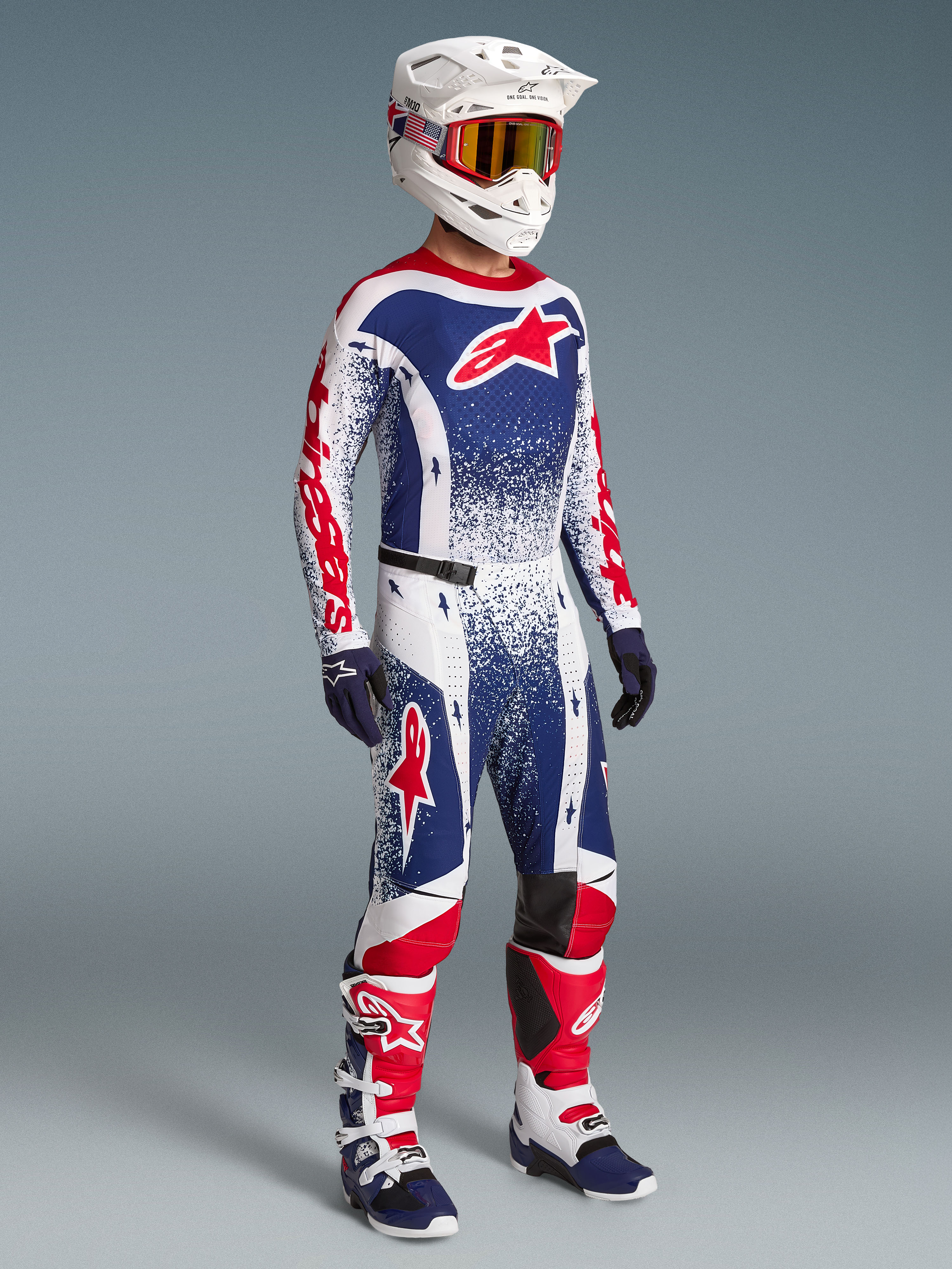 Alpinestars Techstar Unity edição limitada, camisola de motocross para homem, vermelha, branca e azul, ajuste de performance.