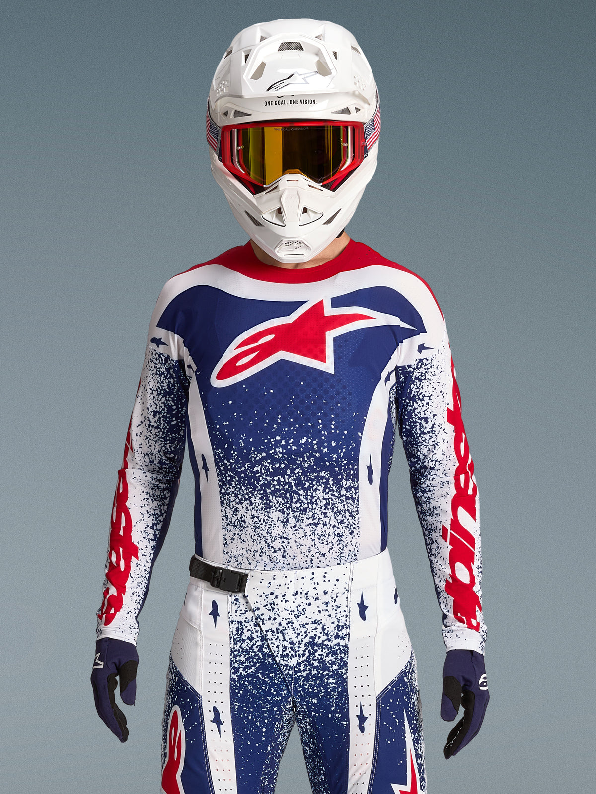 Alpinestars Techstar Unity Jersey, camisola de motocross para homem, vermelha, branca e azul, edição limitada, ajuste atlético de corrida
