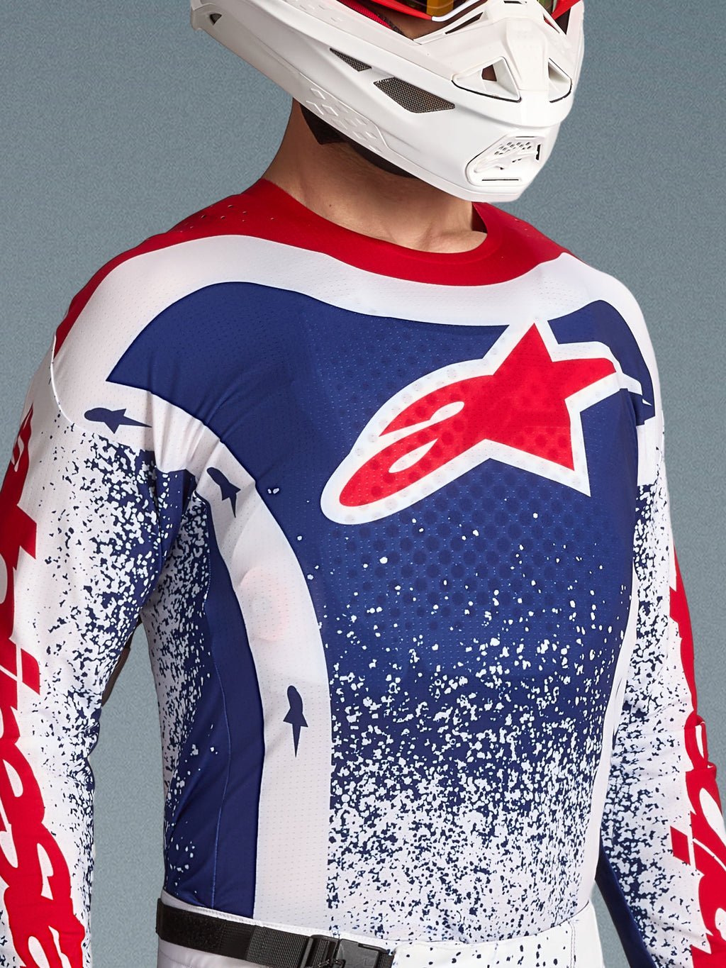 Alpinestars Limited Edition Techstar Unity Jersey para homem, camisola de motocross azul e branca, logótipo estrela vermelha.