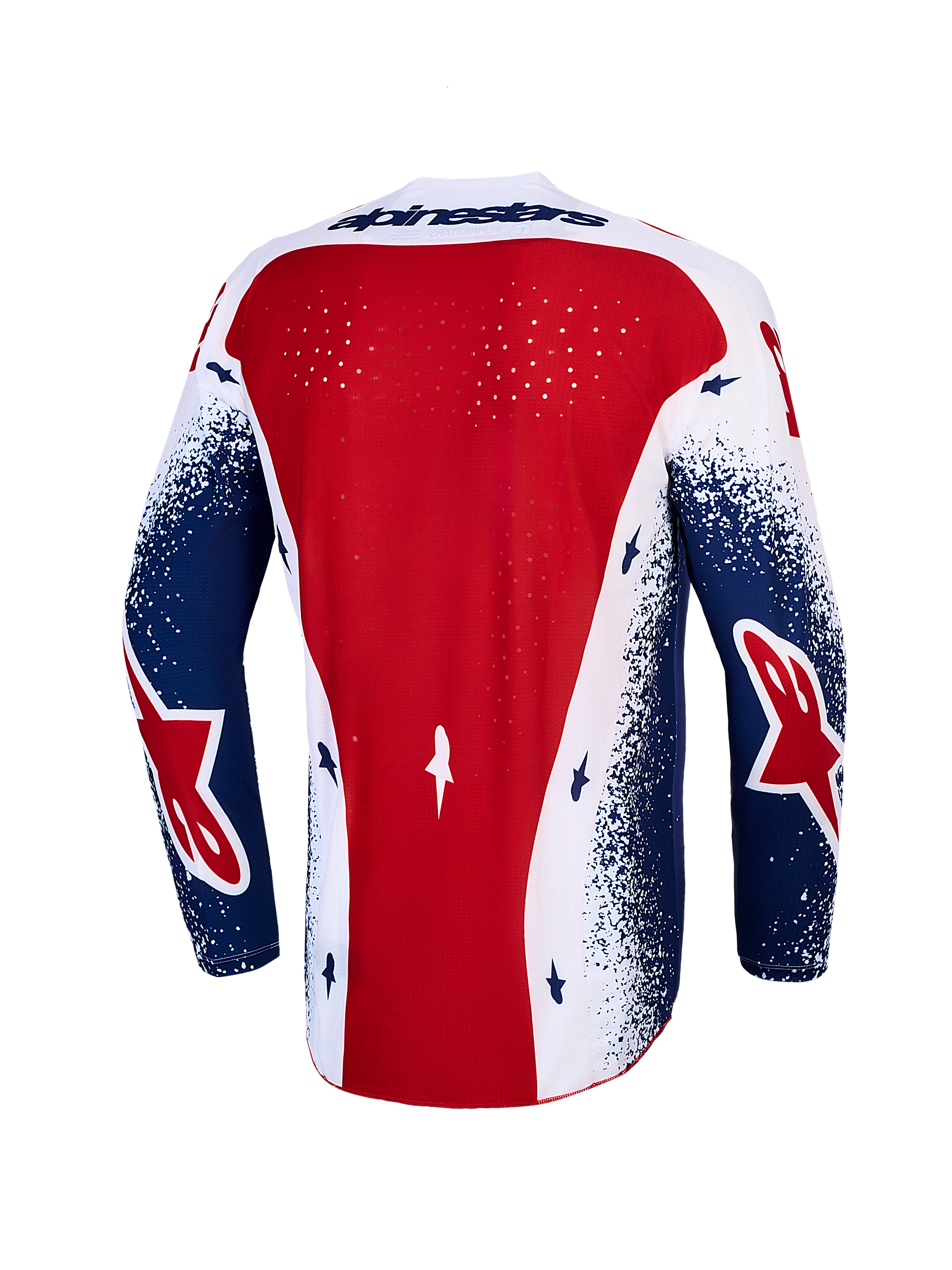 Alpinestars Techstar Unity Jersey Limited Edition, camisola de motocross, vermelha, branca e azul, vista traseira ventilada.