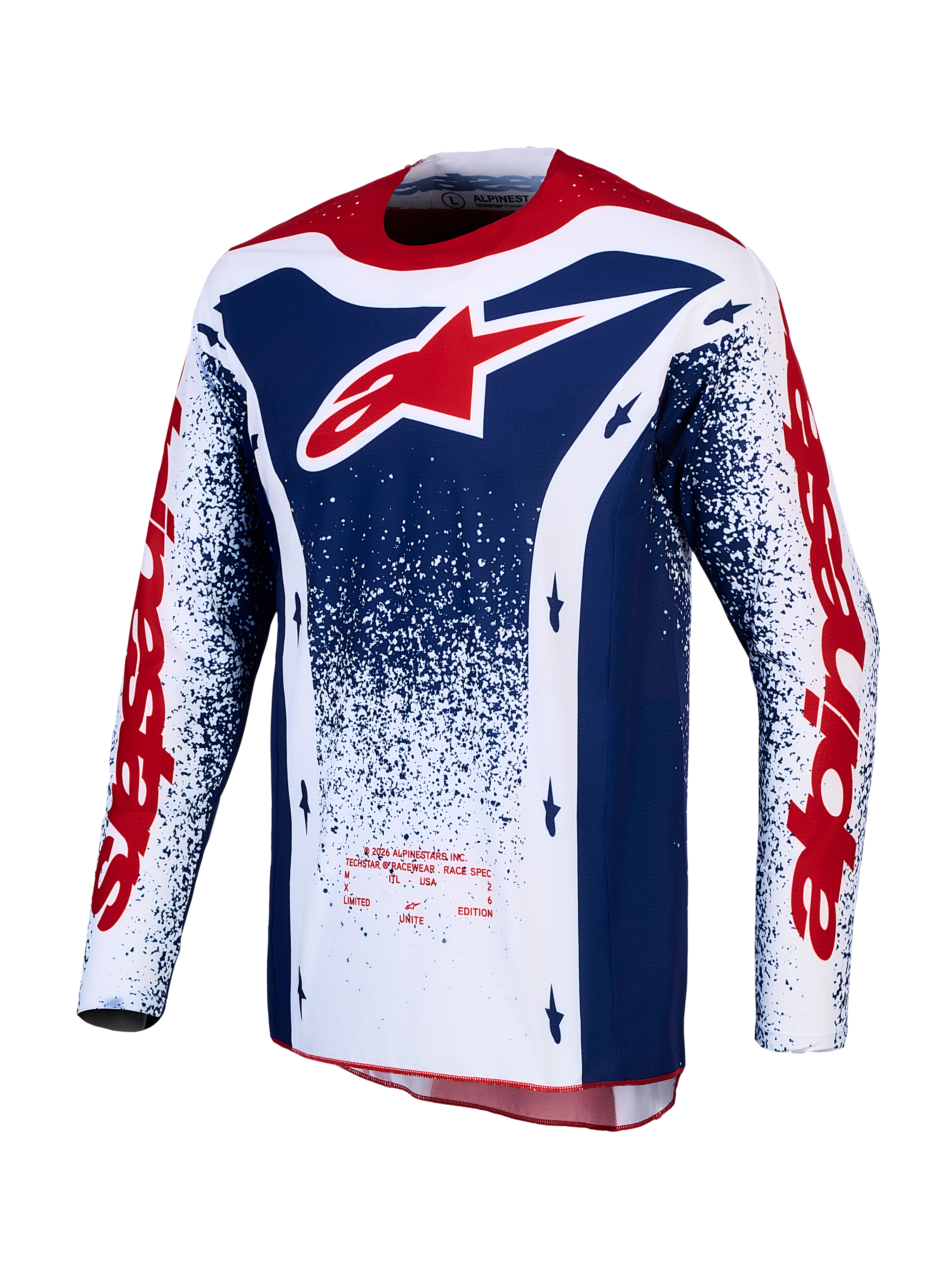 Alpinestars Techstar Unity Jersey, camisola de motocross de edição limitada para homem, azul, branca e vermelha, off-road.