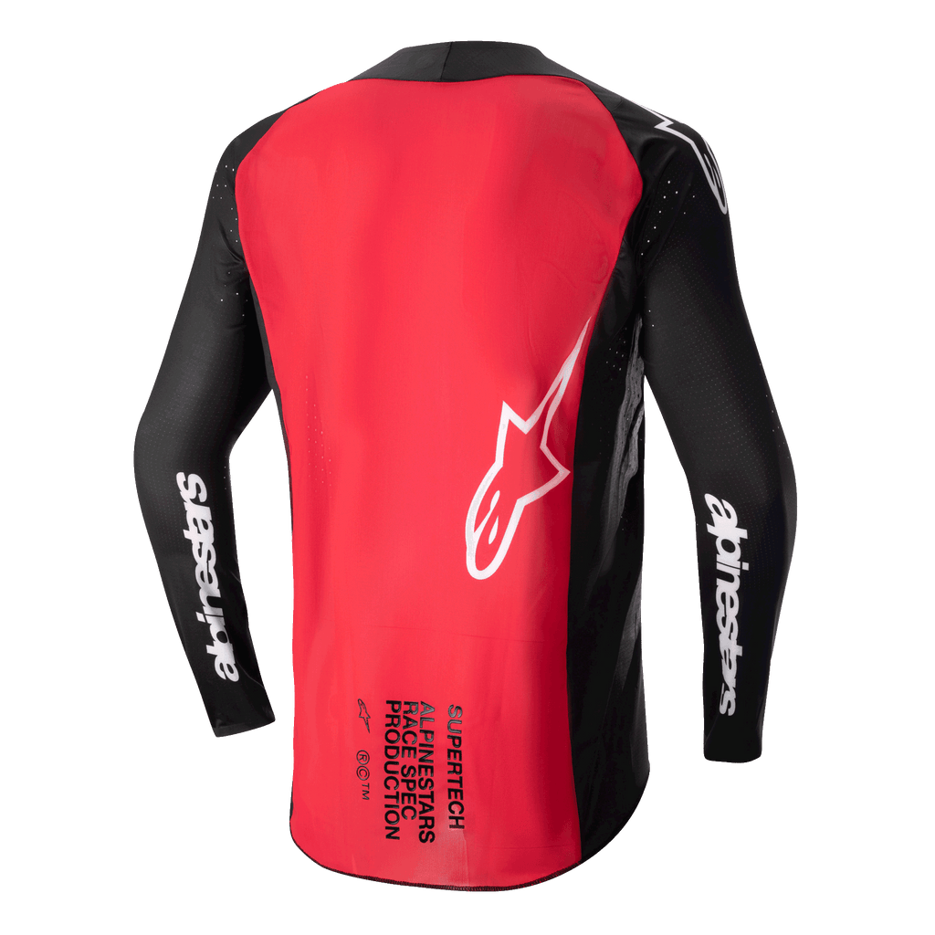 Alpinestars 2024 Supertech Ward Jersey, camisola de motocross, preta e vermelha, vista traseira com um grande painel vermelho, mangas de malha preta com a marca Alpinestars a branco, logótipo de estrela branco e texto Supertech Race Spec na parte inferior das costas
