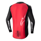 Alpinestars 2024 Supertech Ward Jersey, camisola de motocross, preta e vermelha, vista traseira com um grande painel vermelho, mangas de malha preta com a marca Alpinestars a branco, logótipo de estrela branco e texto Supertech Race Spec na parte inferior das costas