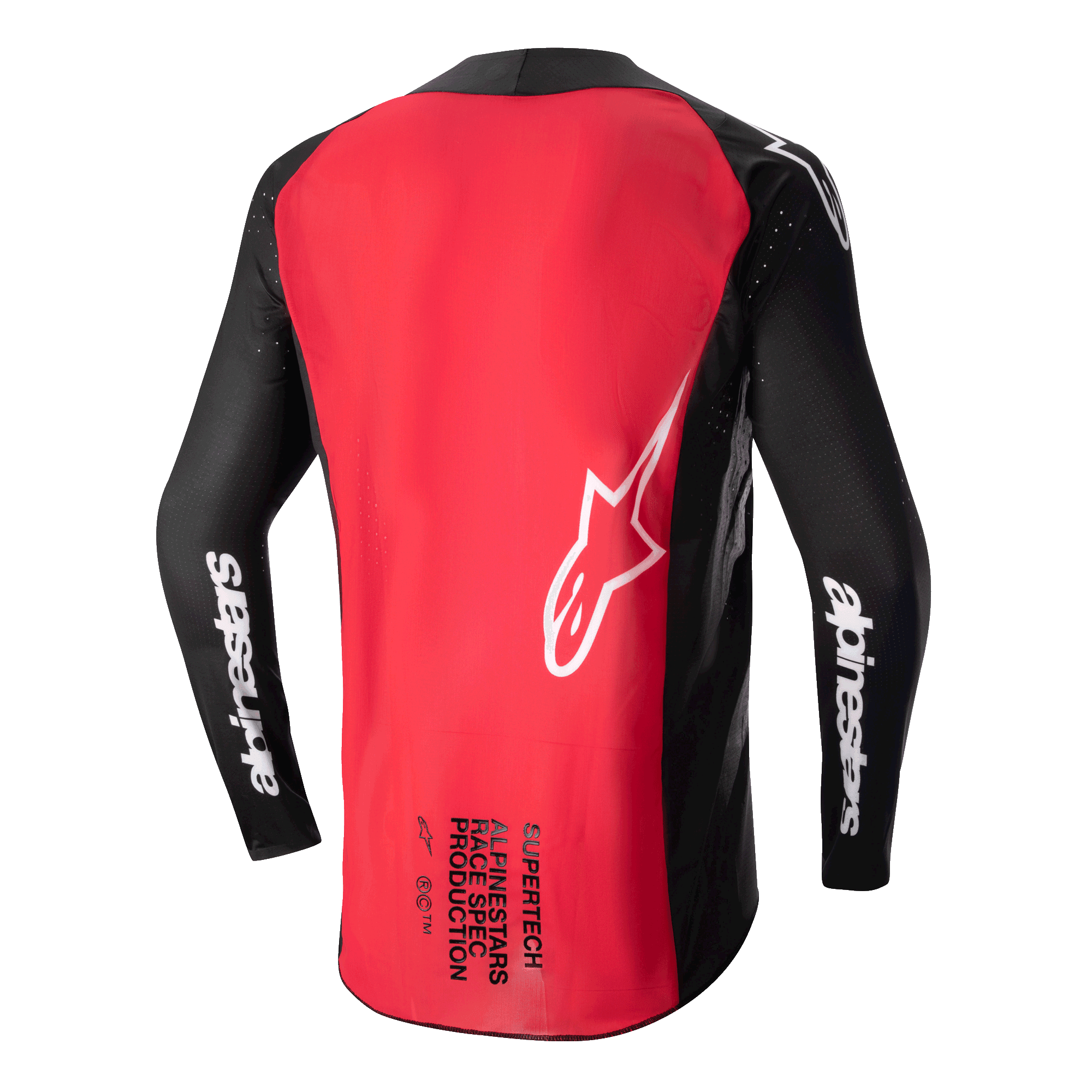 Alpinestars 2024 Supertech Ward Jersey, camisola de motocross, preta e vermelha, vista traseira com um grande painel vermelho, mangas de malha preta com a marca Alpinestars a branco, logótipo de estrela branco e texto Supertech Race Spec na parte inferior das costas