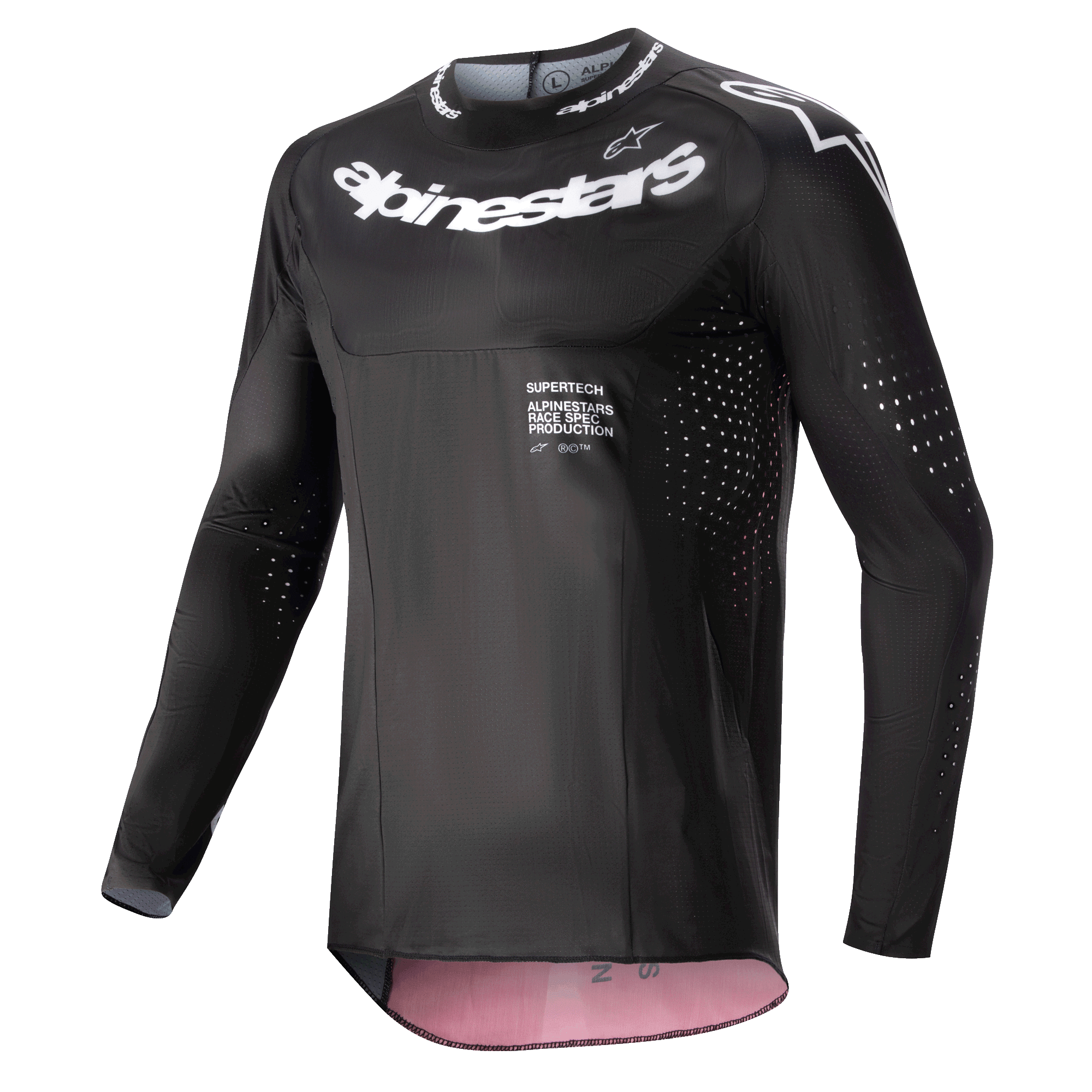 Alpinestars 2024 Supertech Ward Jersey, camisola de motocross, preta e vermelho berry, com logótipos Alpinestars brancos no peito e na gola, perfurações de ventilação cortadas a laser nas mangas e laterais, e ajuste de corrida de alta performance com detalhes interiores em vermelho.