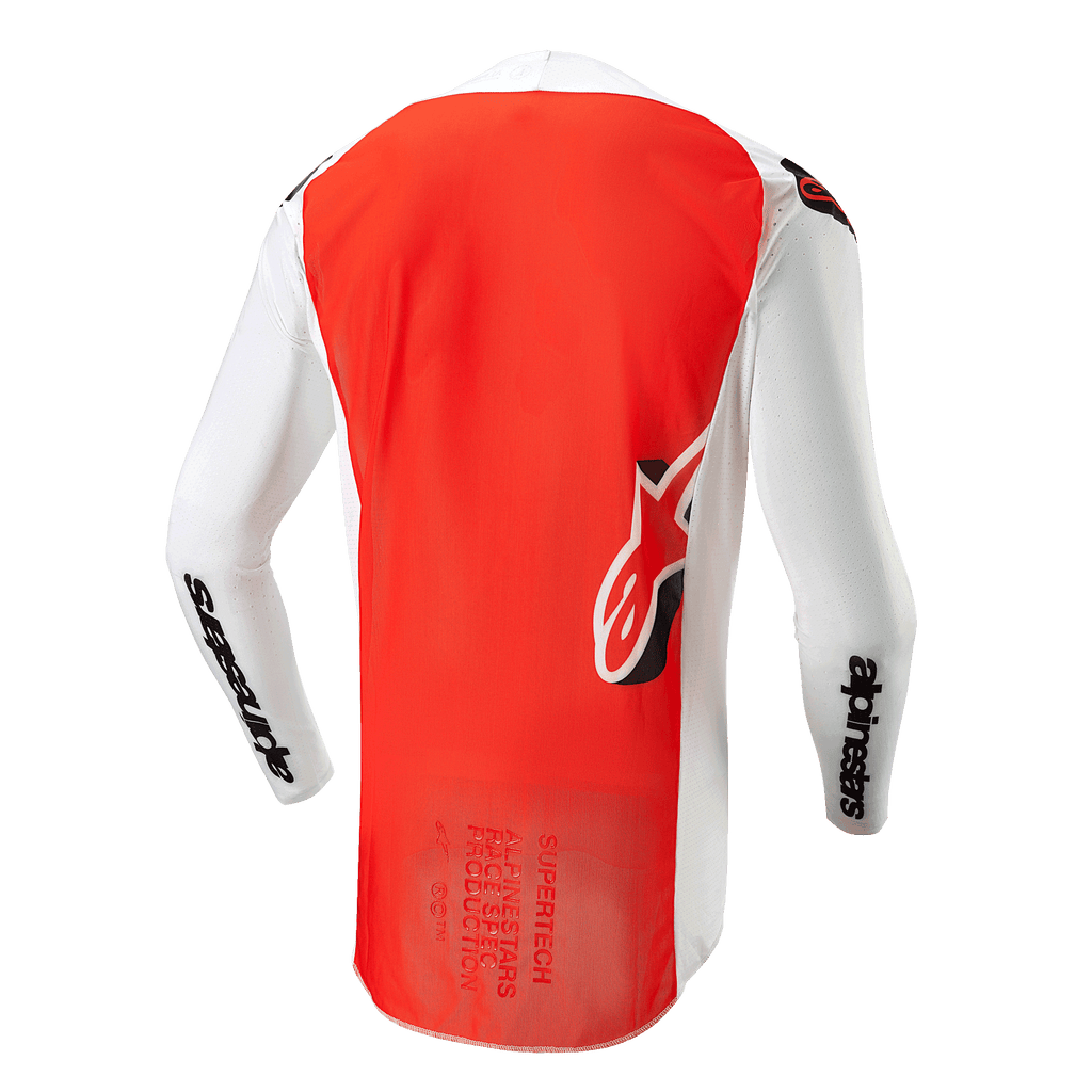 Alpinestars 2024 Supertech Ward Jersey, vista traseira, Branco e Laranja Vibrante, apresentando um grande painel central laranja vibrante, mangas e painéis laterais brancos com logótipo Alpinestars em preto e logótipo Astar na parte inferior das costas, construção em malha de nível profissional para motocross.