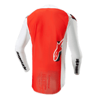 Alpinestars 2024 Supertech Ward Jersey, vista traseira, Branco e Laranja Vibrante, apresentando um grande painel central laranja vibrante, mangas e painéis laterais brancos com logótipo Alpinestars em preto e logótipo Astar na parte inferior das costas, construção em malha de nível profissional para motocross.