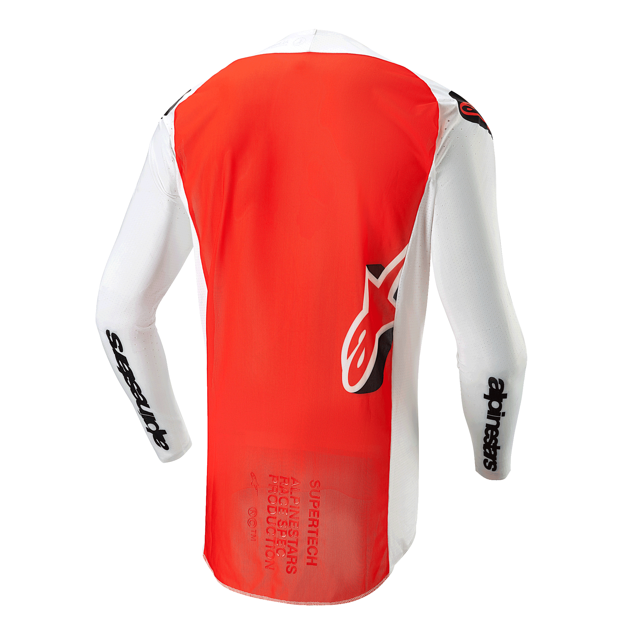 Alpinestars 2024 Supertech Ward Jersey, vista traseira, Branco e Laranja Vibrante, apresentando um grande painel central laranja vibrante, mangas e painéis laterais brancos com logótipo Alpinestars em preto e logótipo Astar na parte inferior das costas, construção em malha de nível profissional para motocross.