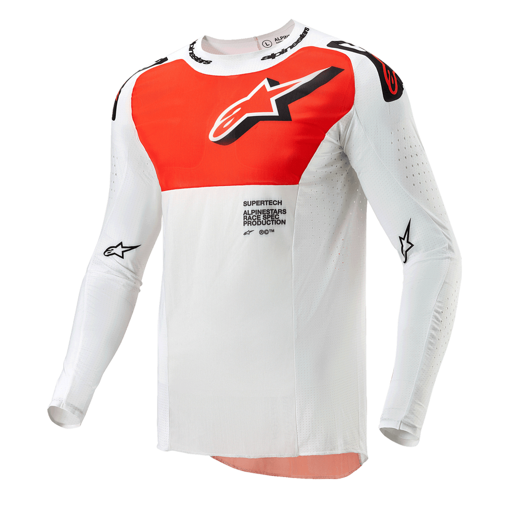 Alpinestars 2024 Supertech Ward Jersey, camisola de motocross, branca e laranja vibrante, topo técnico de manga comprida com um grande gráfico laranja no peito, logótipo de estrela e construção perfurada respirável para corridas todo-o-terreno