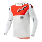Alpinestars 2024 Supertech Ward Jersey, camisola de motocross, branca e laranja vibrante, topo técnico de manga comprida com um grande gráfico laranja no peito, logótipo de estrela e construção perfurada respirável para corridas todo-o-terreno